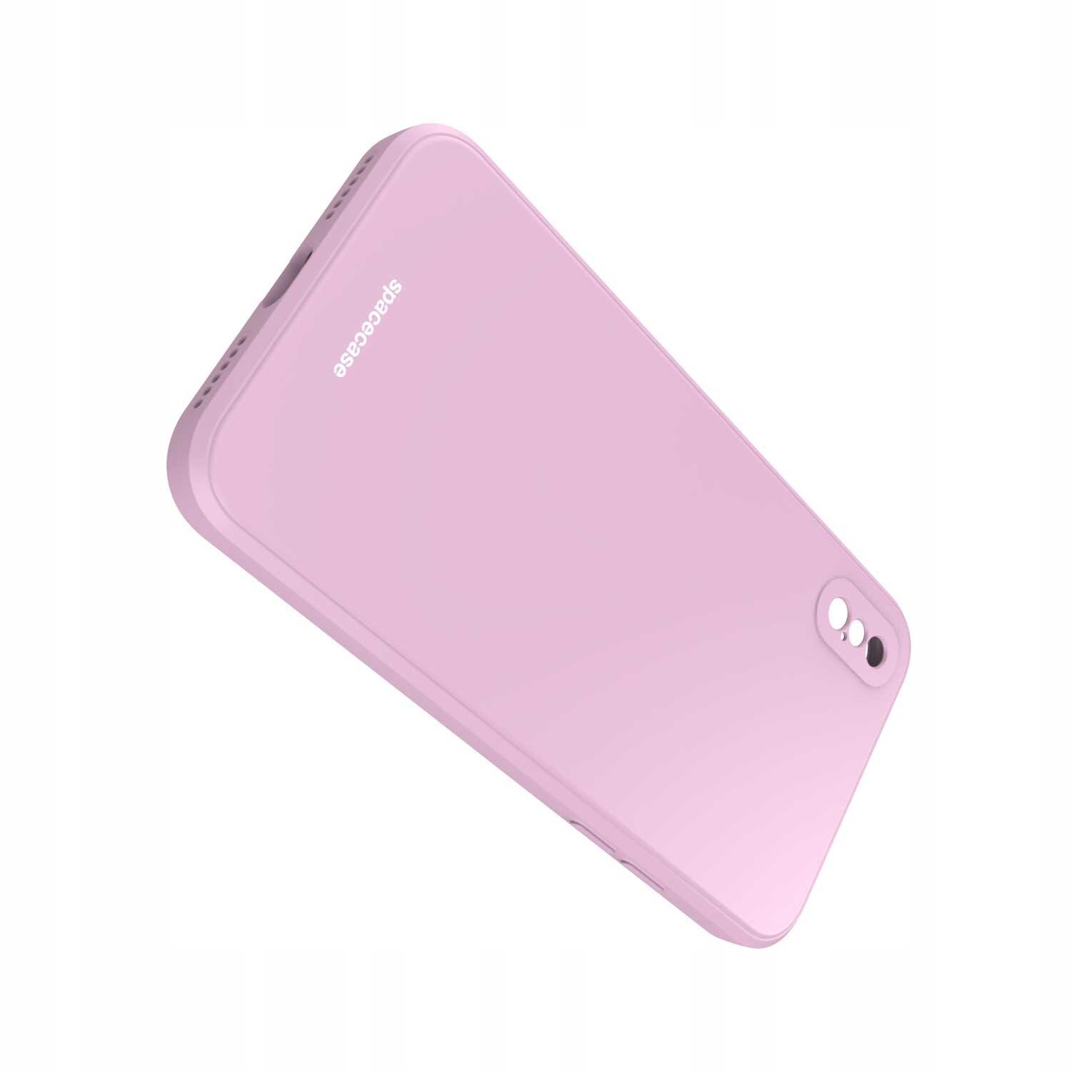Różowe silikonowe etui na telefon z wycięciem na aparat i logo \'Spacecase\'.