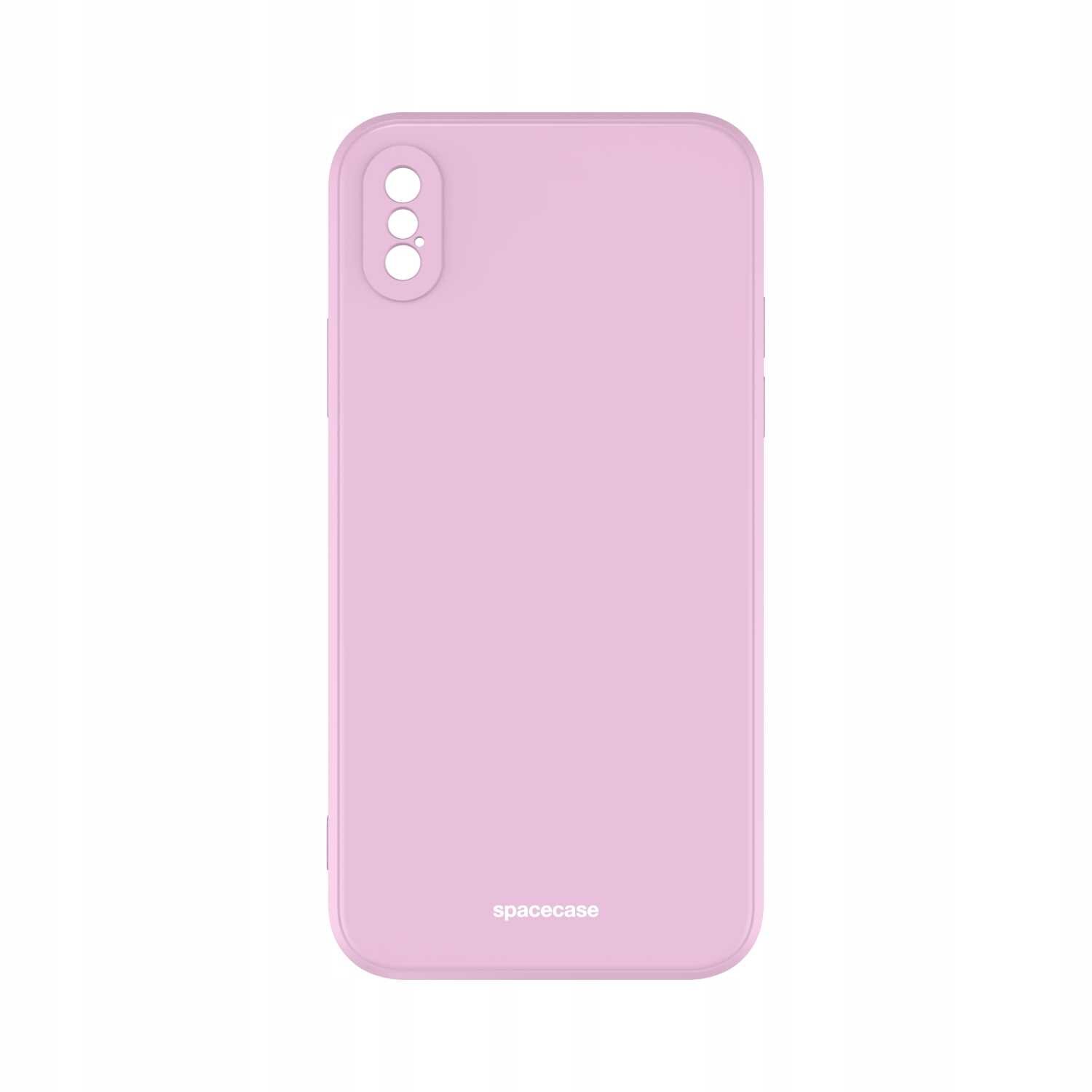 Różowe silikonowe etui na telefon z trzema otworami na aparat. Na dole widoczny jest napis \'spacecase\'.