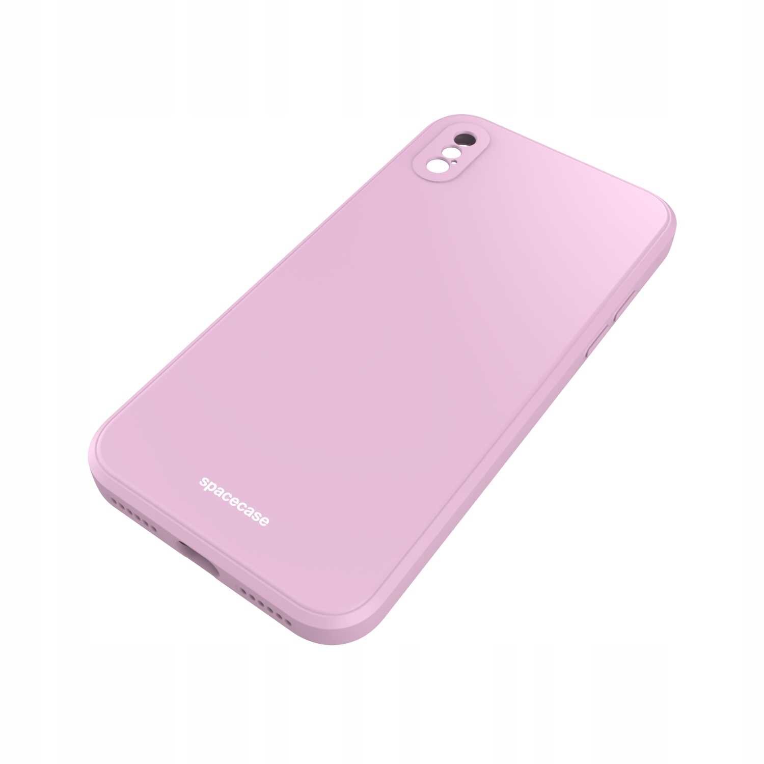 Różowe silikonowe etui na telefon z wycięciami na aparat i logo \'spacecase\' na dole. Etui ma gładką powierzchnię i zaokrąglone krawędzie.