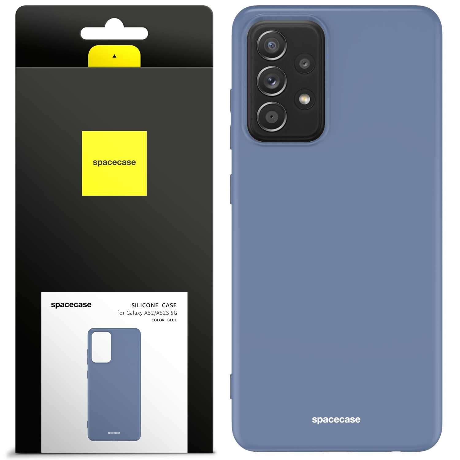 Na obrazie widoczne jest niebieskie silikonowe etui na telefon oraz opakowanie z logo \'spacecase\'. Opakowanie zawiera napis: \'SILICONE CASE for Galaxy A52/A52S 5G COLOR: BLUE\'.