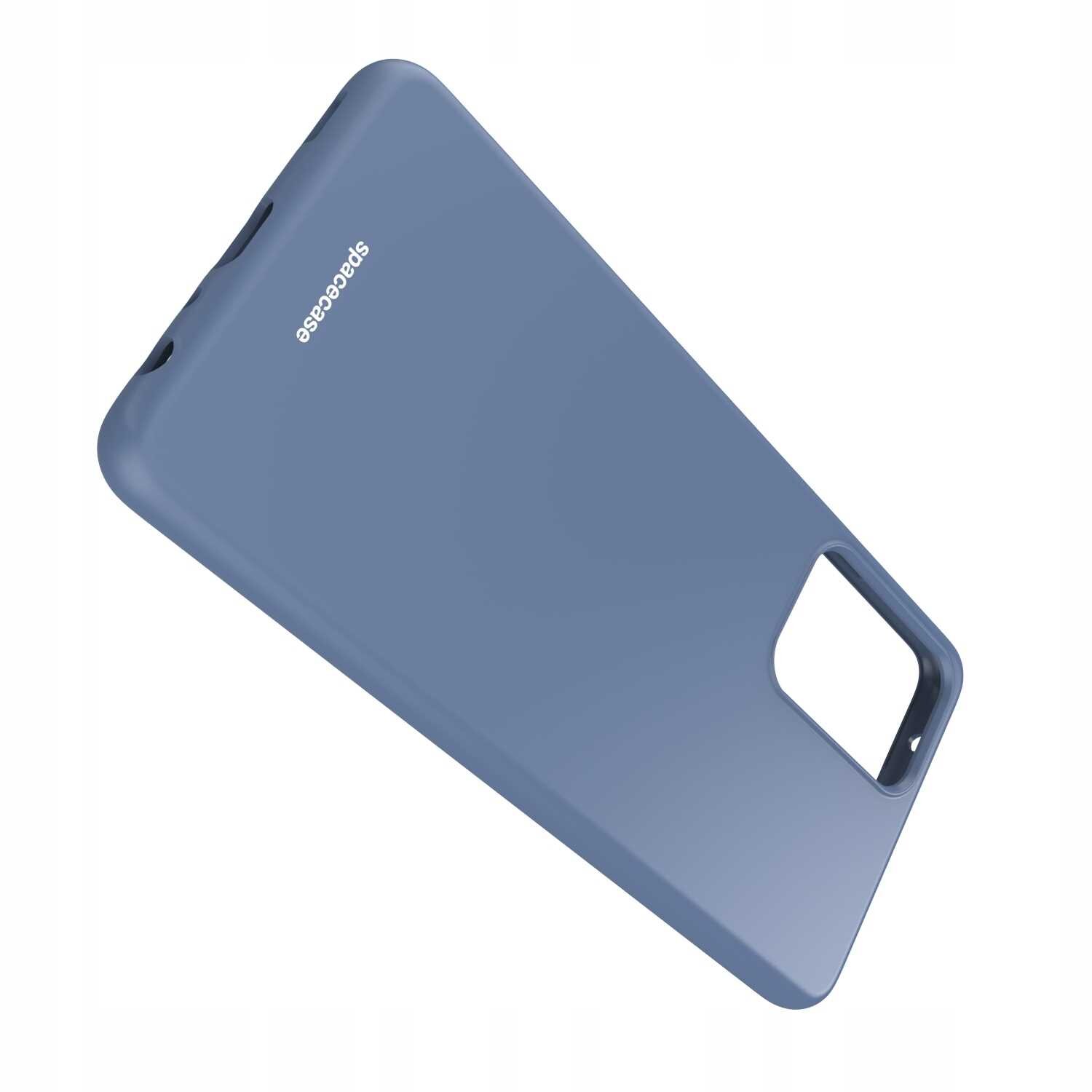 Niebieskie silikonowe etui z wycięciem na aparat, z widocznym logo \'SPACECASE\'.