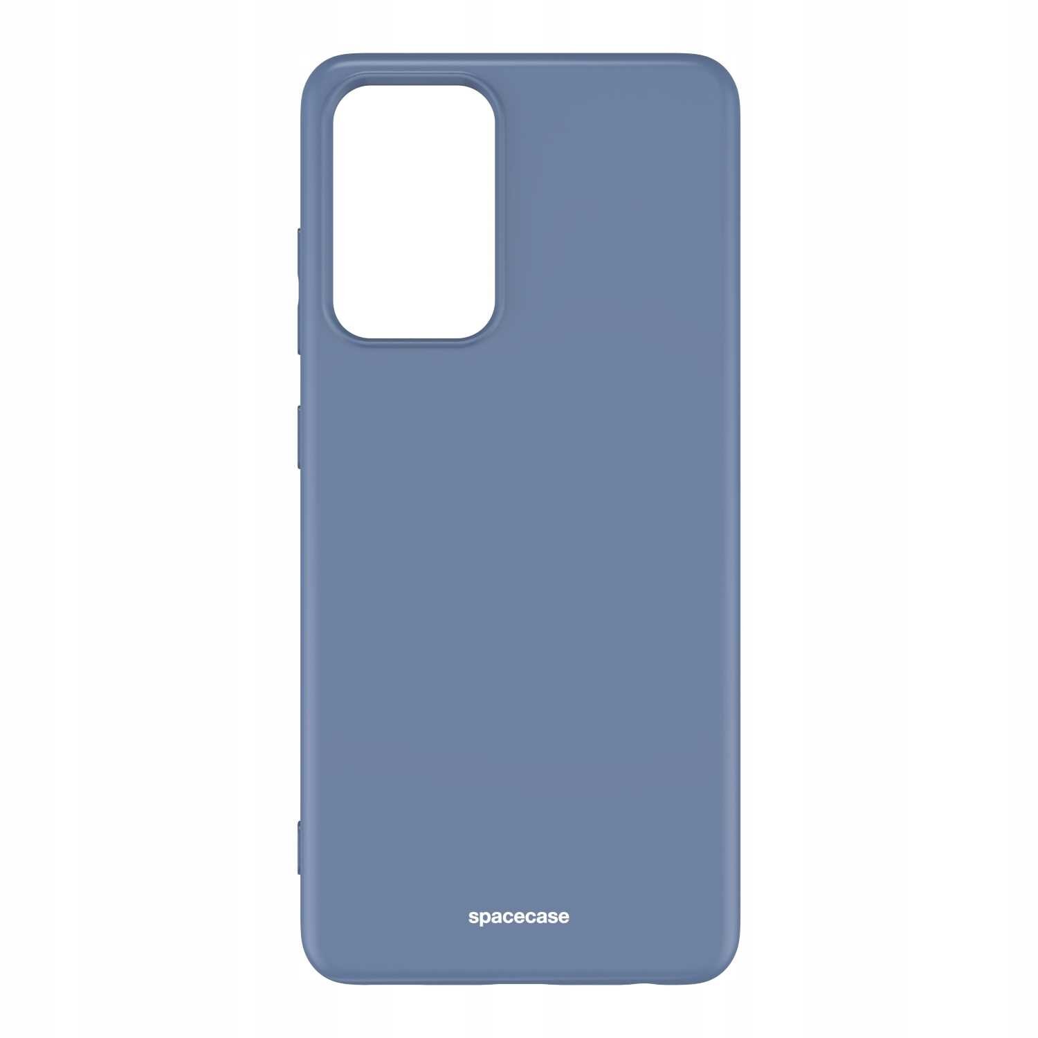 Niebieskie silikonowe etui z wycięciem na aparat, z napisem \'spacecase\' na dole.