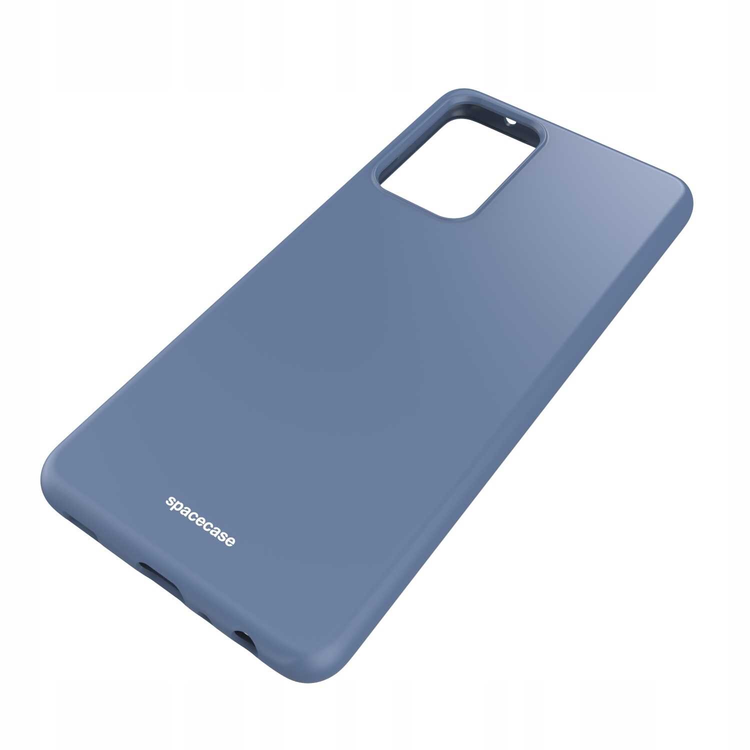 Niebieskie silikonowe etui z wycięciem na aparat, z widocznym napisem \'spacecase\'.
