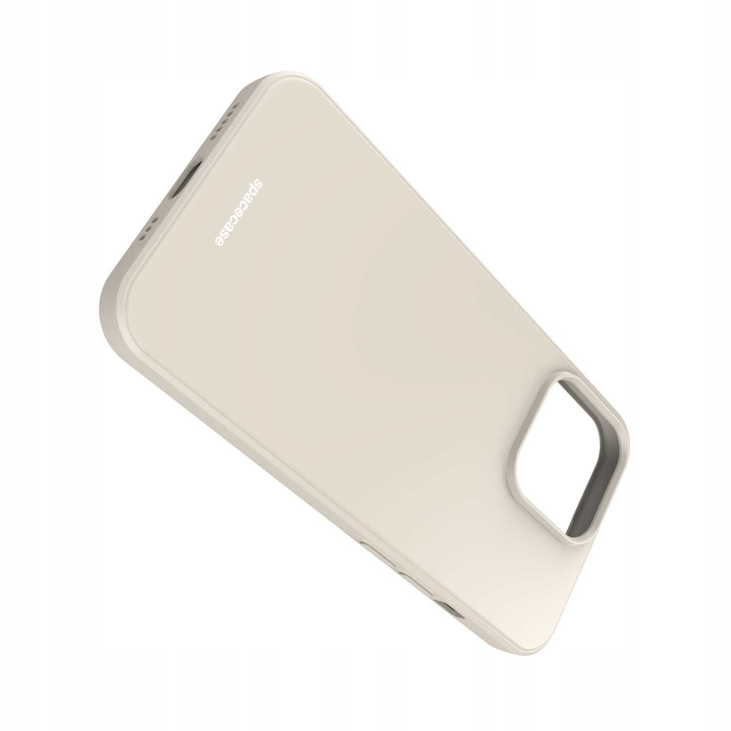 Beżowe silikonowe etui na telefon z wycięciem na aparat i logo \'spacecase\' na powierzchni.