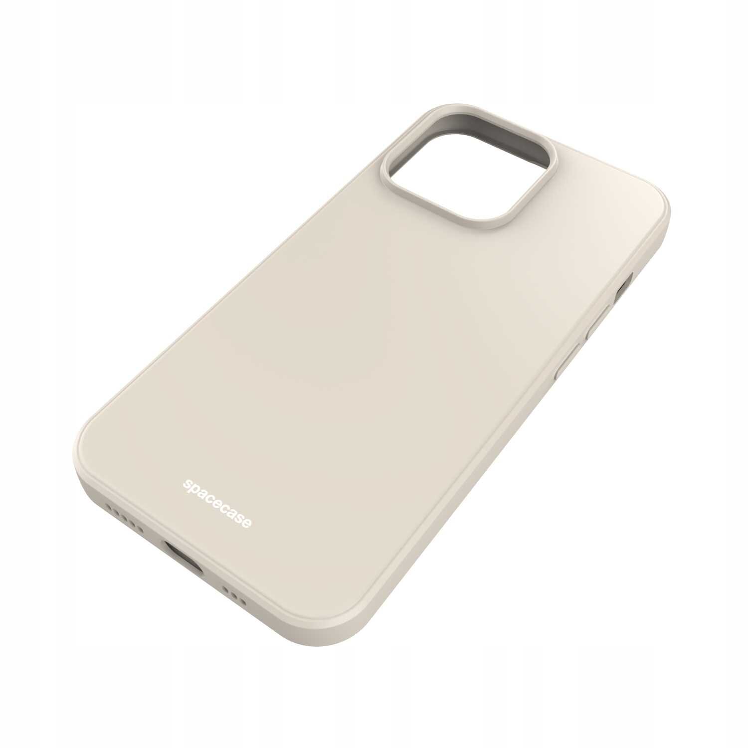Beżowe silikonowe etui na telefon z wycięciem na aparat i napisem \'spacecase\' na dole.