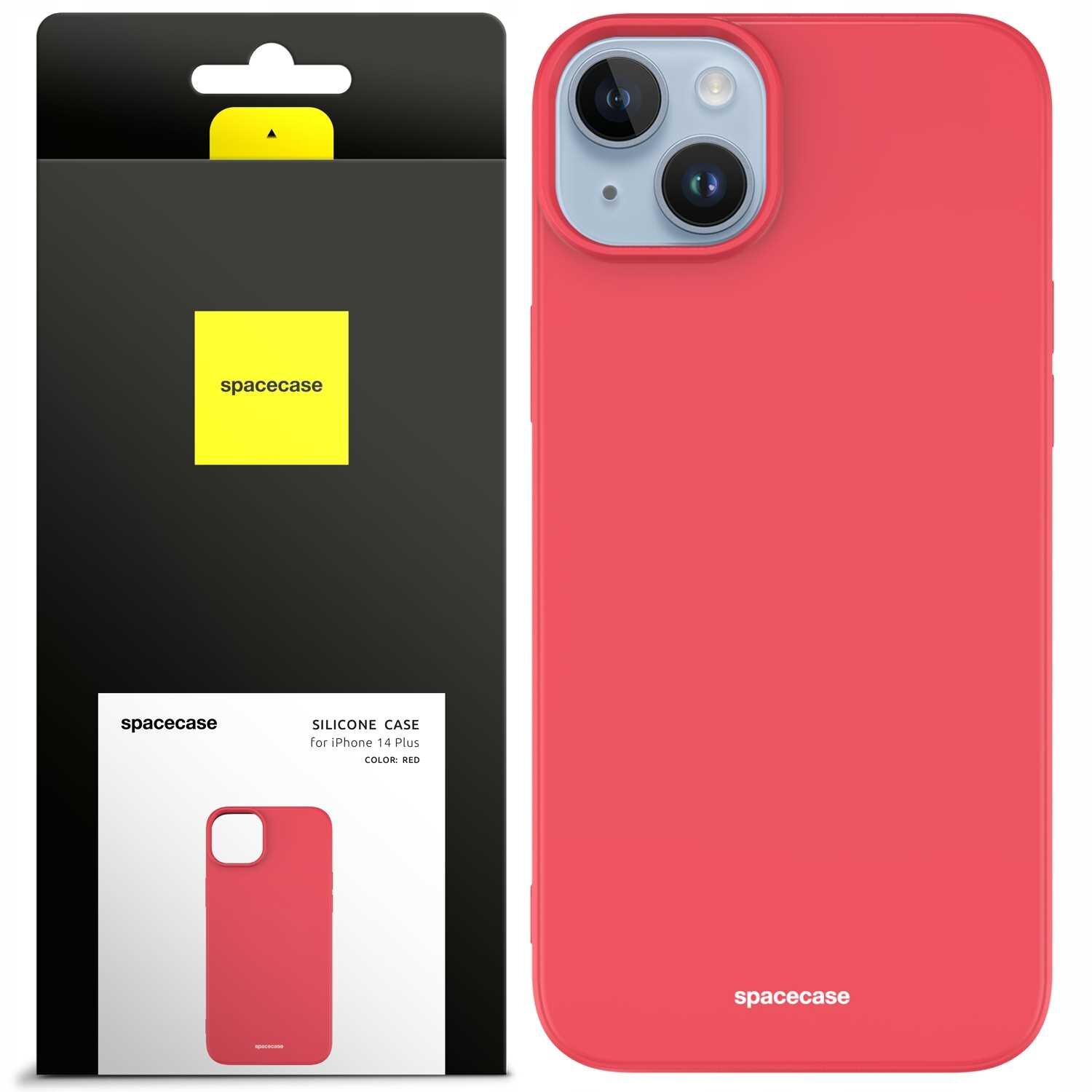 Obraz przedstawia czerwone silikonowe etui na telefon z napisem \'spacecase\' na dole. Obok znajduje się opakowanie z logo \'spacecase\' i opisem \'SILICONE CASE for iPhone 14 Plus COLOR: RED\'.