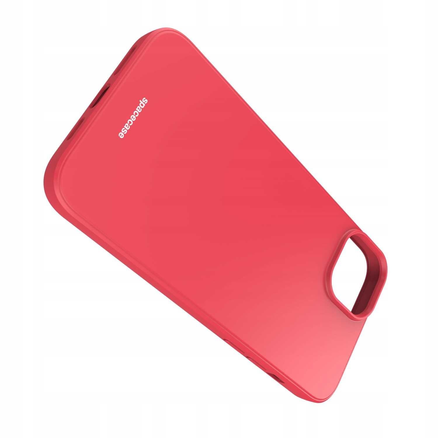 Czerwone silikonowe etui z wycięciem na aparat, z widocznym logo \'spacecase\'.