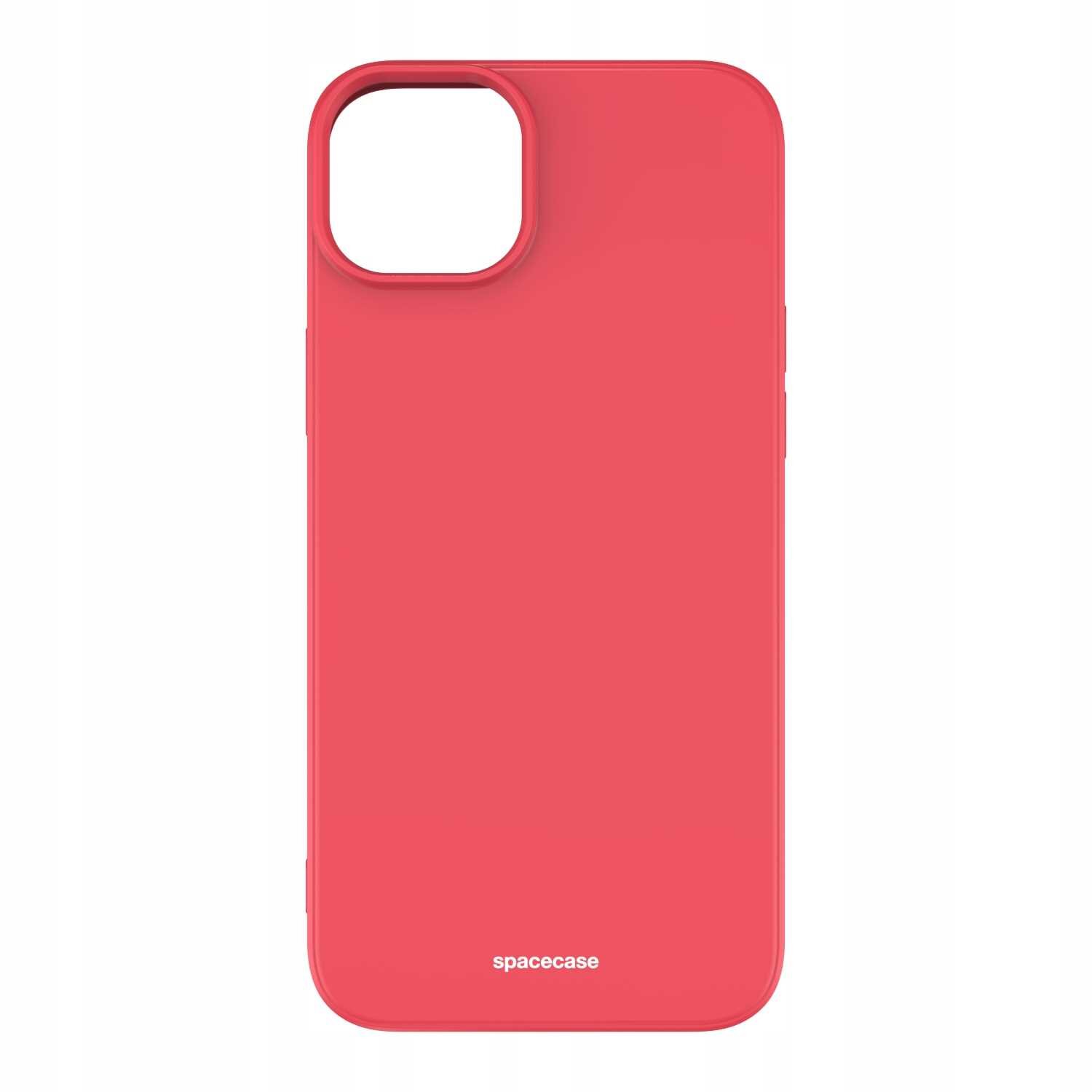 Czerwone silikonowe etui z wycięciem na aparat, z napisem \'spacecase\' na dole.