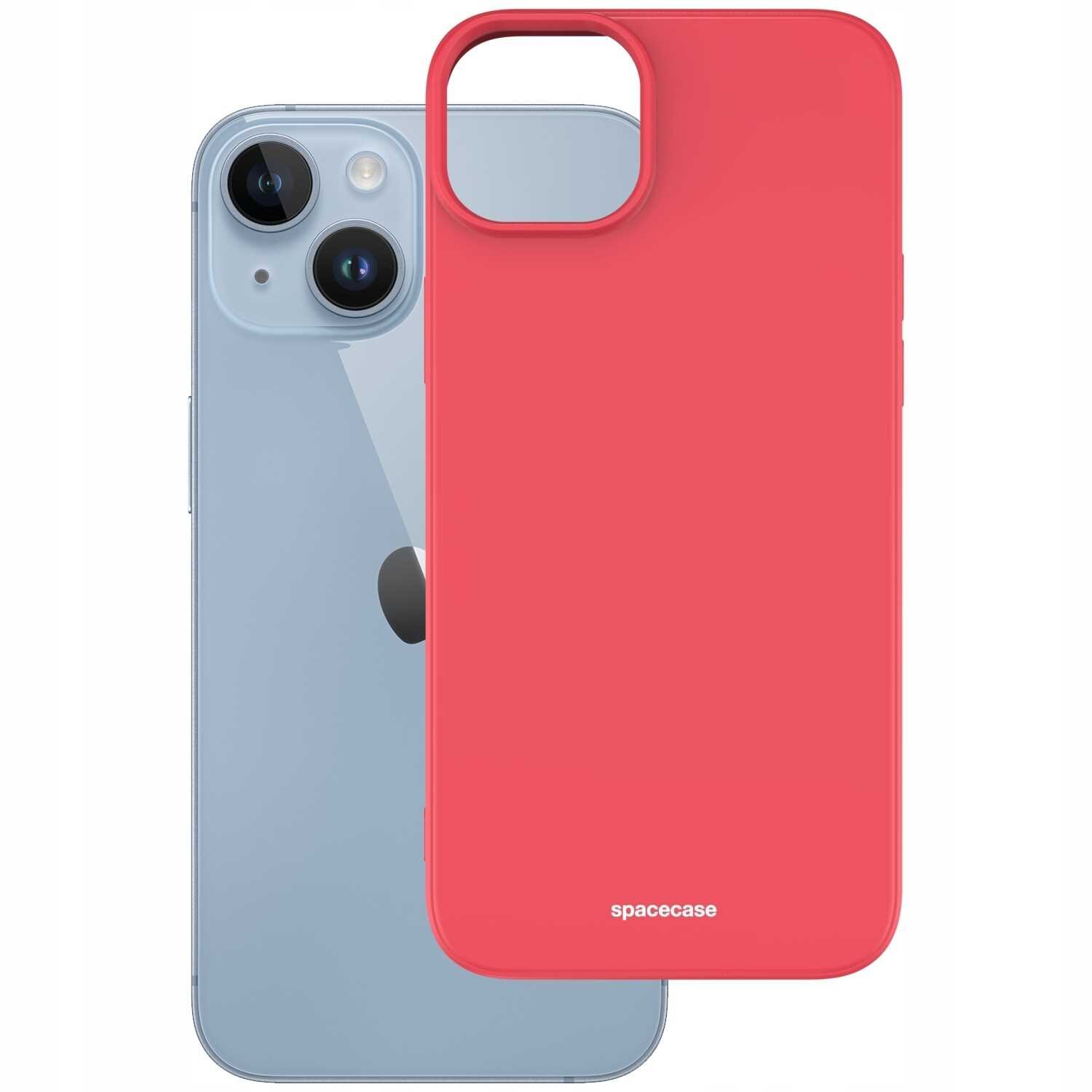 Na obrazie widoczny jest przezroczysty telefon z dwoma aparatami oraz czerwone silikonowe etui z napisem \'spacecase\'.