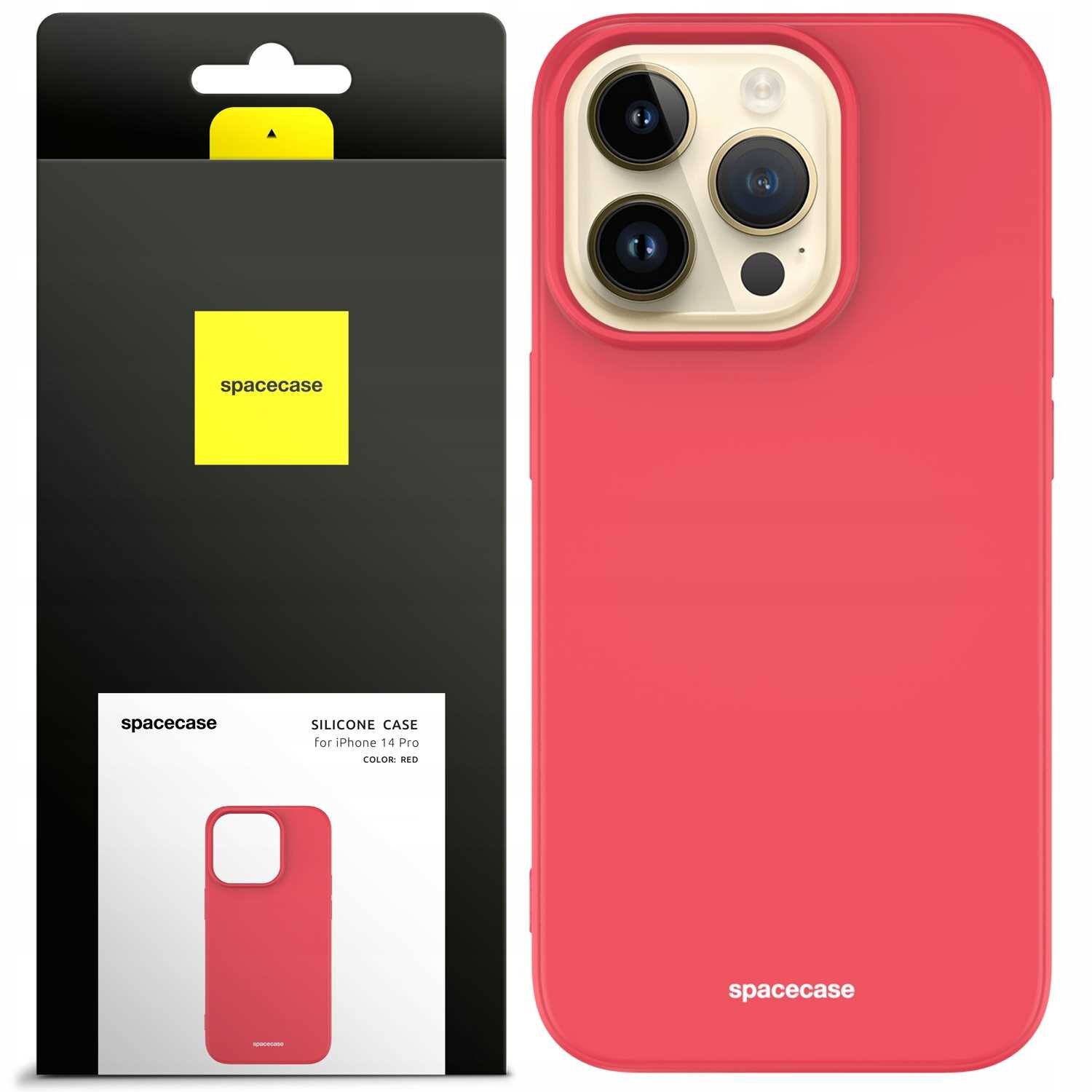 Czerwone silikonowe etui na iPhone 14 Pro z trzema wycięciami na aparaty. Opakowanie z logo \'spacecase\' i napisem \'SILICONE CASE for iPhone 14 Pro COLOR: RED\'.