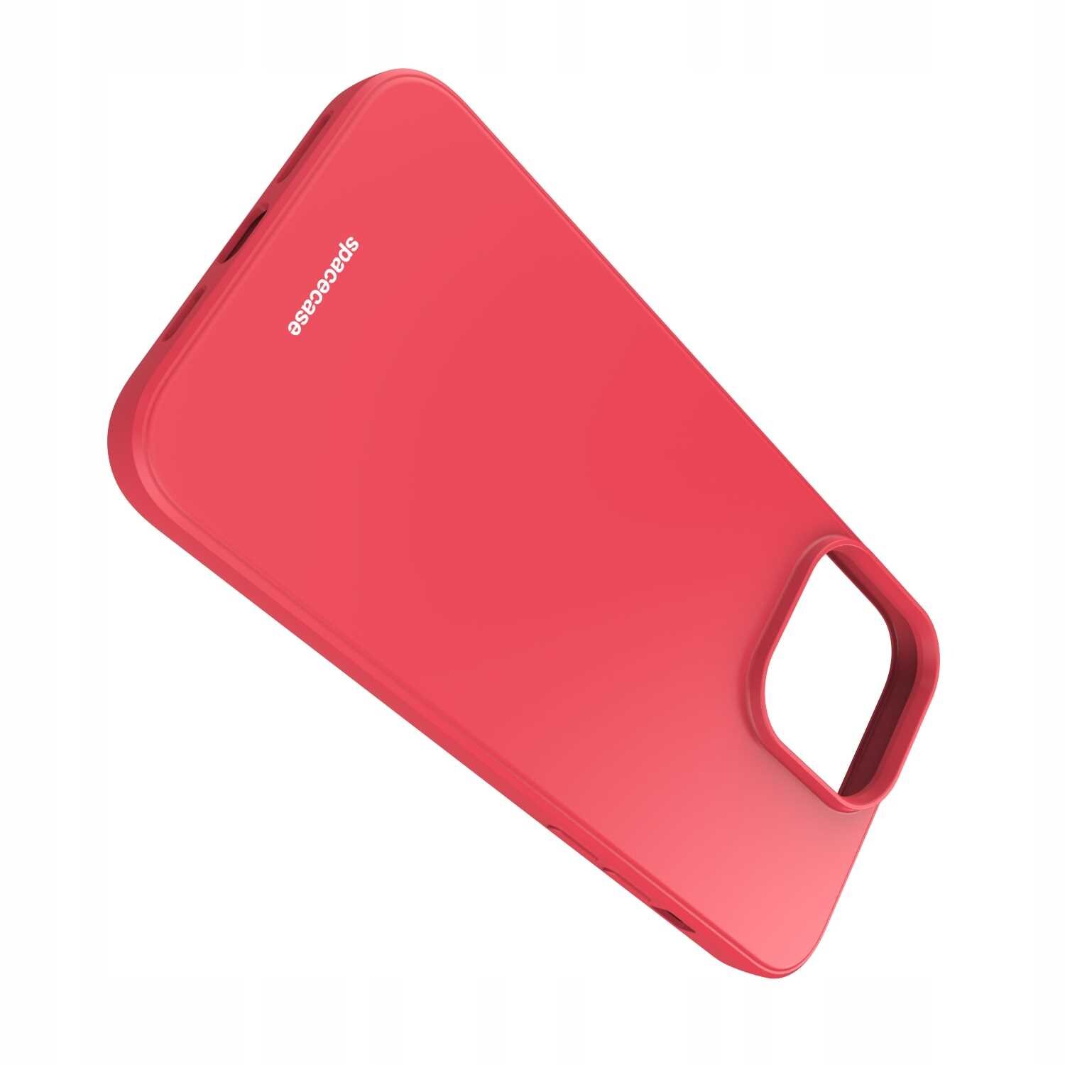 Czerwone silikonowe etui z wycięciem na aparat, z widocznym logo \'spacecase\'.