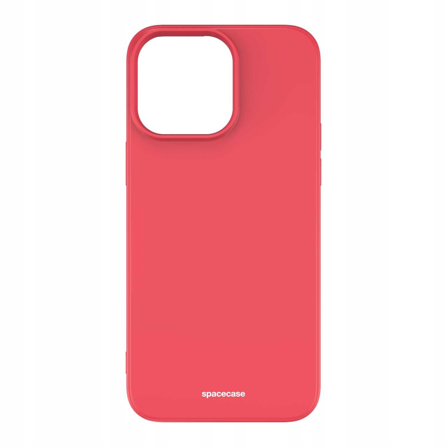 Czerwone silikonowe etui na telefon z dużym otworem na aparat. Na dole widoczny jest napis \'spacecase\'.