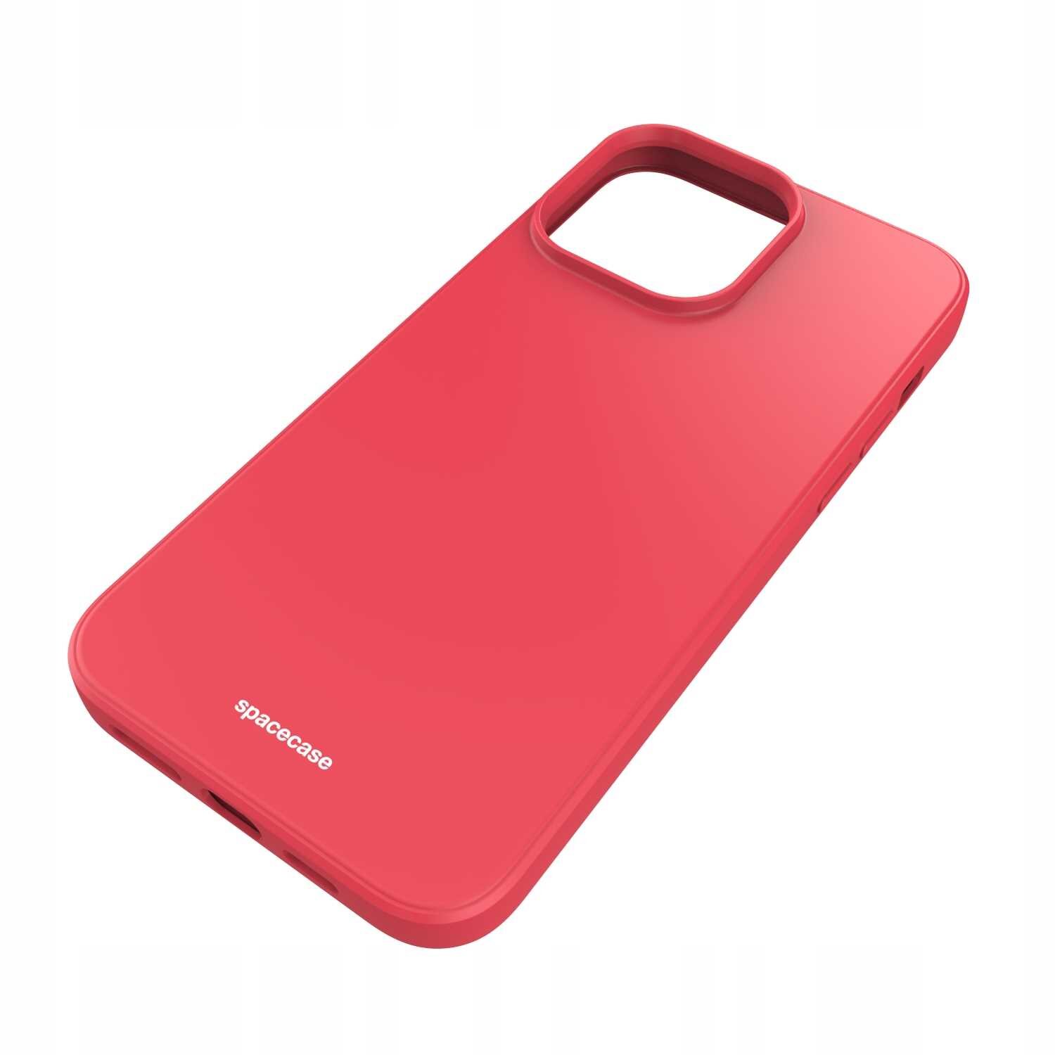 Czerwone silikonowe etui na telefon z wycięciem na aparat i napisem \'spacecase\' na dole.