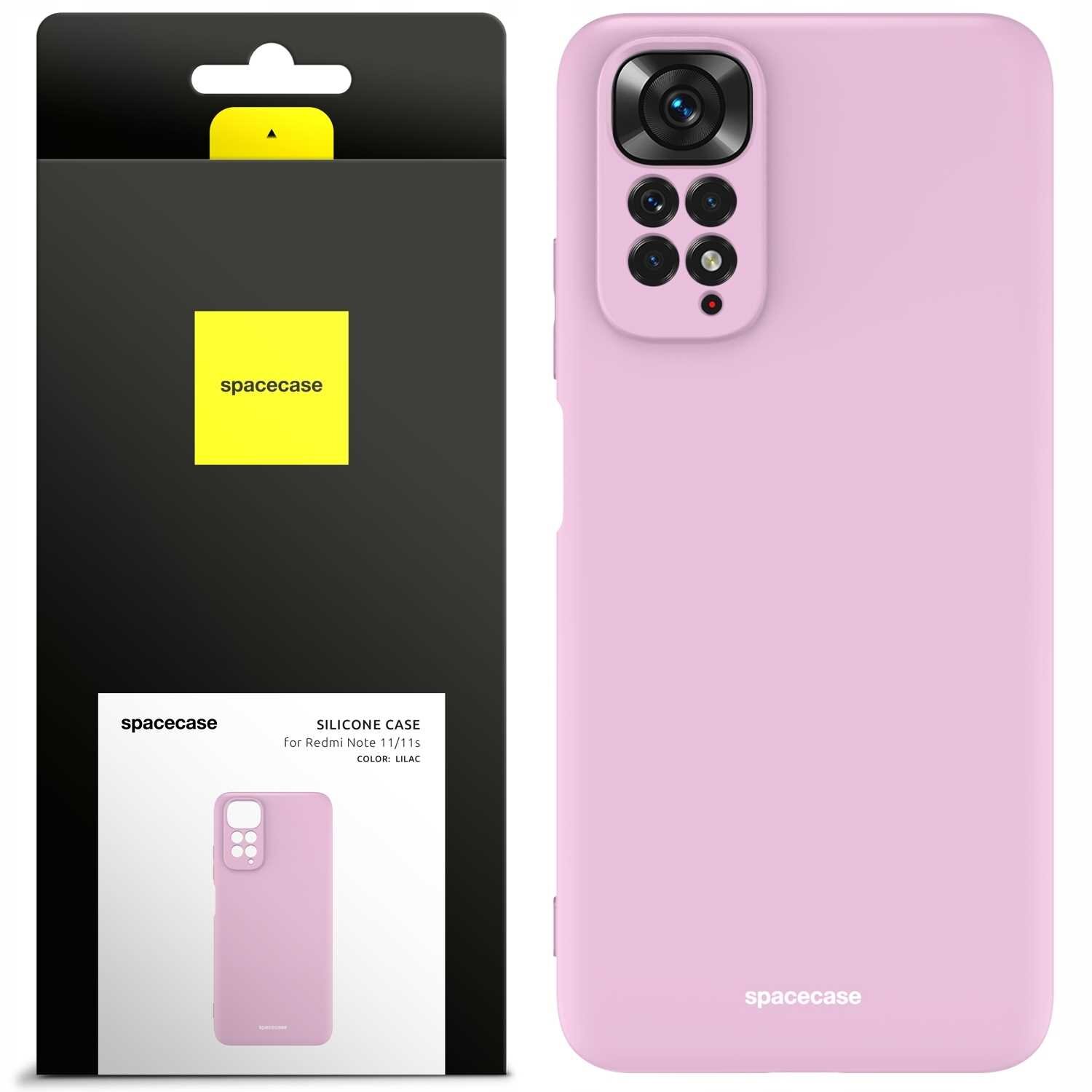 Obraz przedstawia różowe silikonowe etui na telefon z czterema otworami na aparaty. Obok znajduje się opakowanie z logo \'spacecase\' i napisem \'SILICONE CASE for Galaxy A33 5G COLOR: LILAC\'.