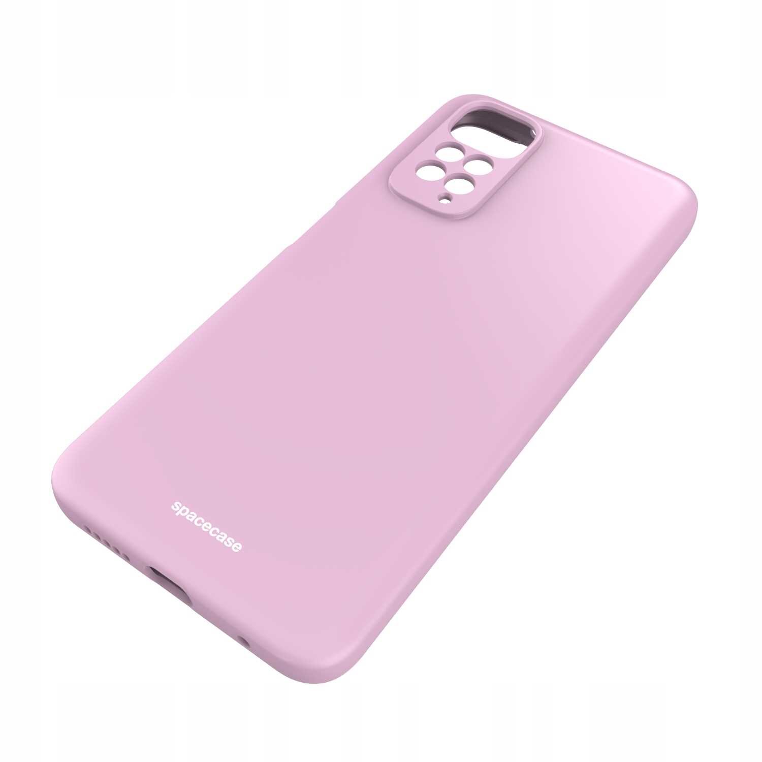 Różowe silikonowe etui z wycięciami na aparat i logo \'spacecase\' na dole. Etui jest przeznaczone do telefonu Xiaomi Mi Note 11/11s.