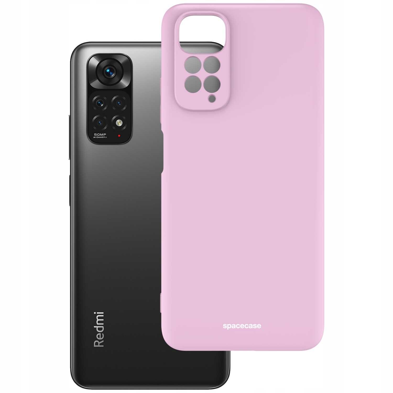 Na obrazie widoczne jest różowe silikonowe etui z wycięciami na aparat, obok czarnego smartfona z logo \'Redmi\'. Na etui znajduje się napis \'spacecase\'.