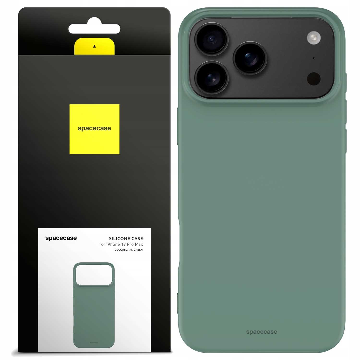 Obraz przedstawia zielone silikonowe etui na telefon z trzema otworami na aparaty. Obok znajduje się opakowanie z logo \'spacecase\' i napisem \'SILICONE CASE for iPhone 17 Pro Max COLOR: DARK GREEN\'.