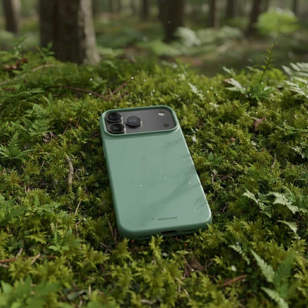 Zielone silikonowe etui na telefon leży na mchu w lesie. Na etui widoczny jest napis \'spacecase\'.