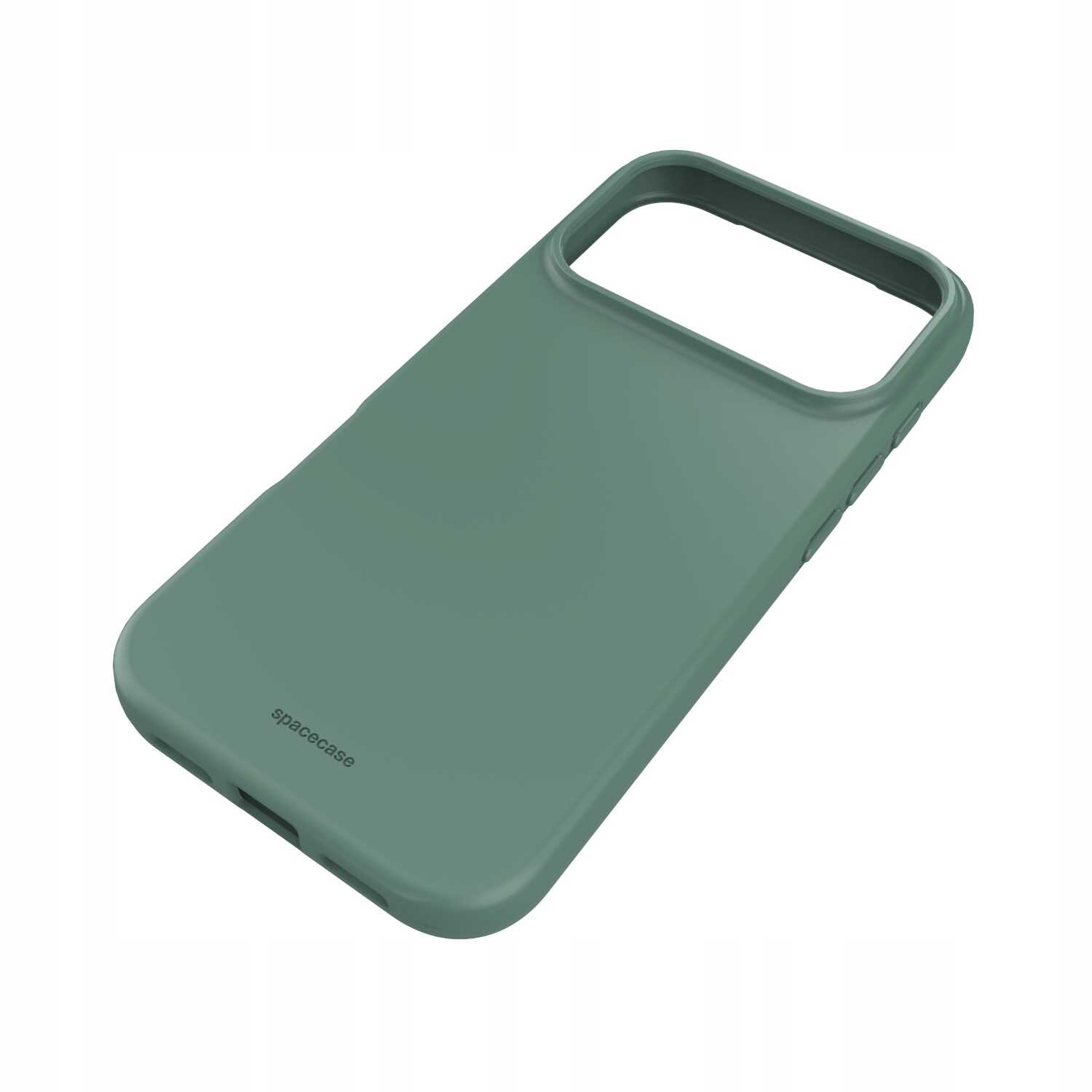 Zielone silikonowe etui z wycięciem na aparat, z napisem \'spacecase\' na dole.