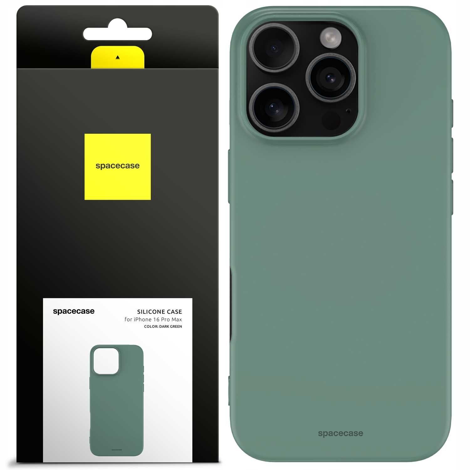 Obraz przedstawia zielone silikonowe etui na telefon z trzema widocznymi otworami na aparaty. Obok znajduje się opakowanie z logo \'spacecase\' i napisem \'SILICONE CASE for iPhone 16 Pro Max COLOR: DARK GREEN\'.