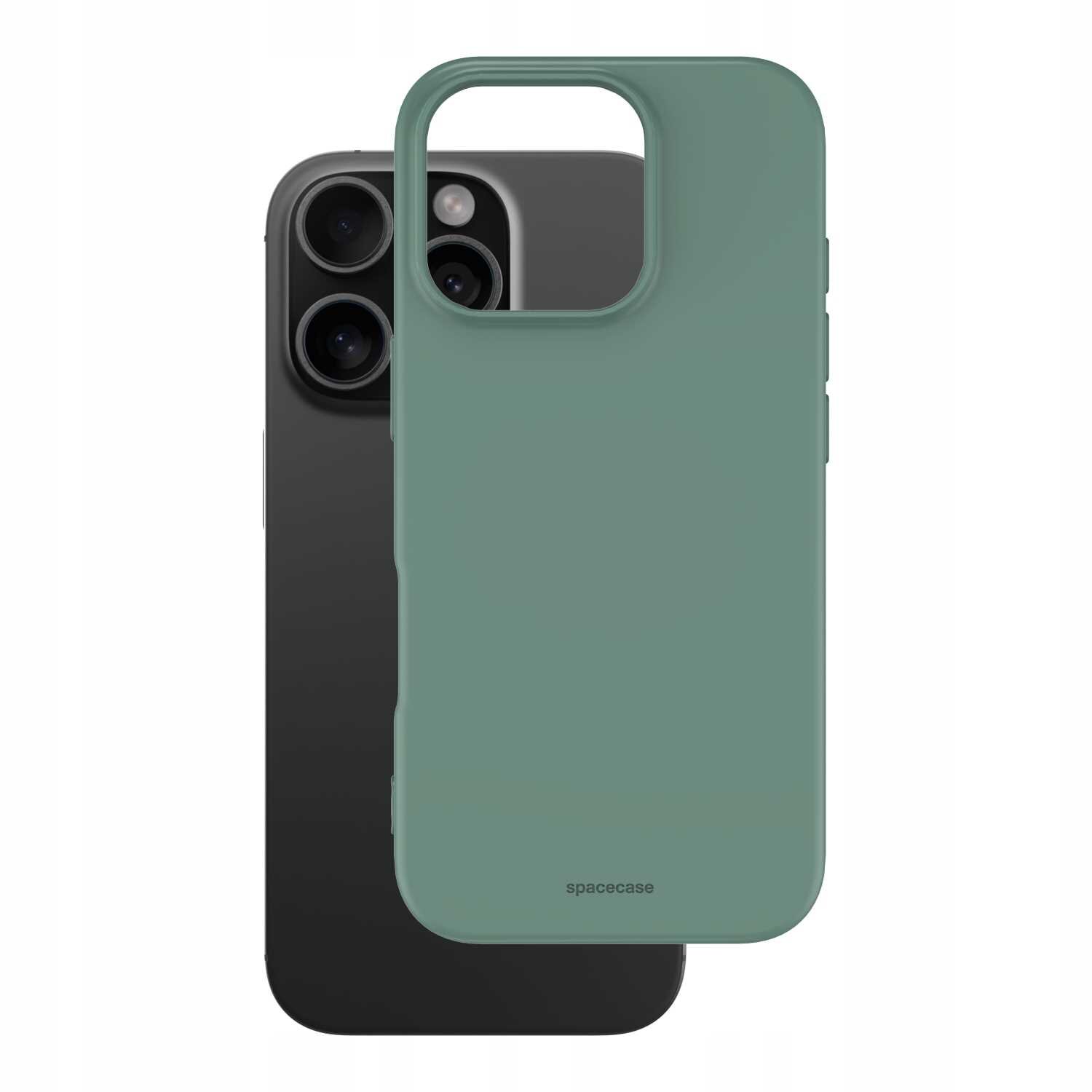 Zielone silikonowe etui z wycięciem na aparat, obok czarnego smartfona z trzema obiektywami. Na etui widoczny jest napis \'spacecase\'.