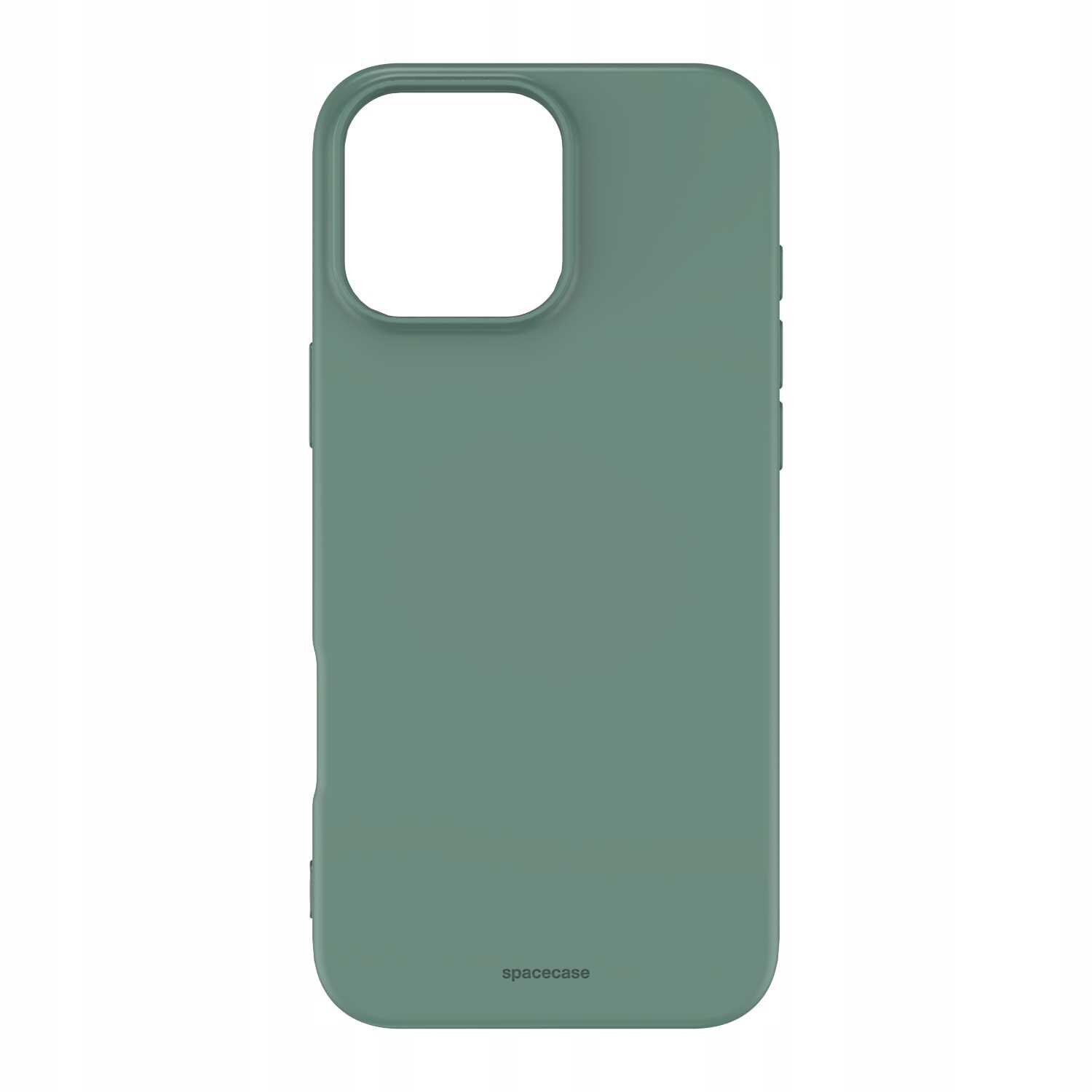 Zielone silikonowe etui z dużym otworem na aparat. Na dole widoczny jest napis \'spacecase\'.