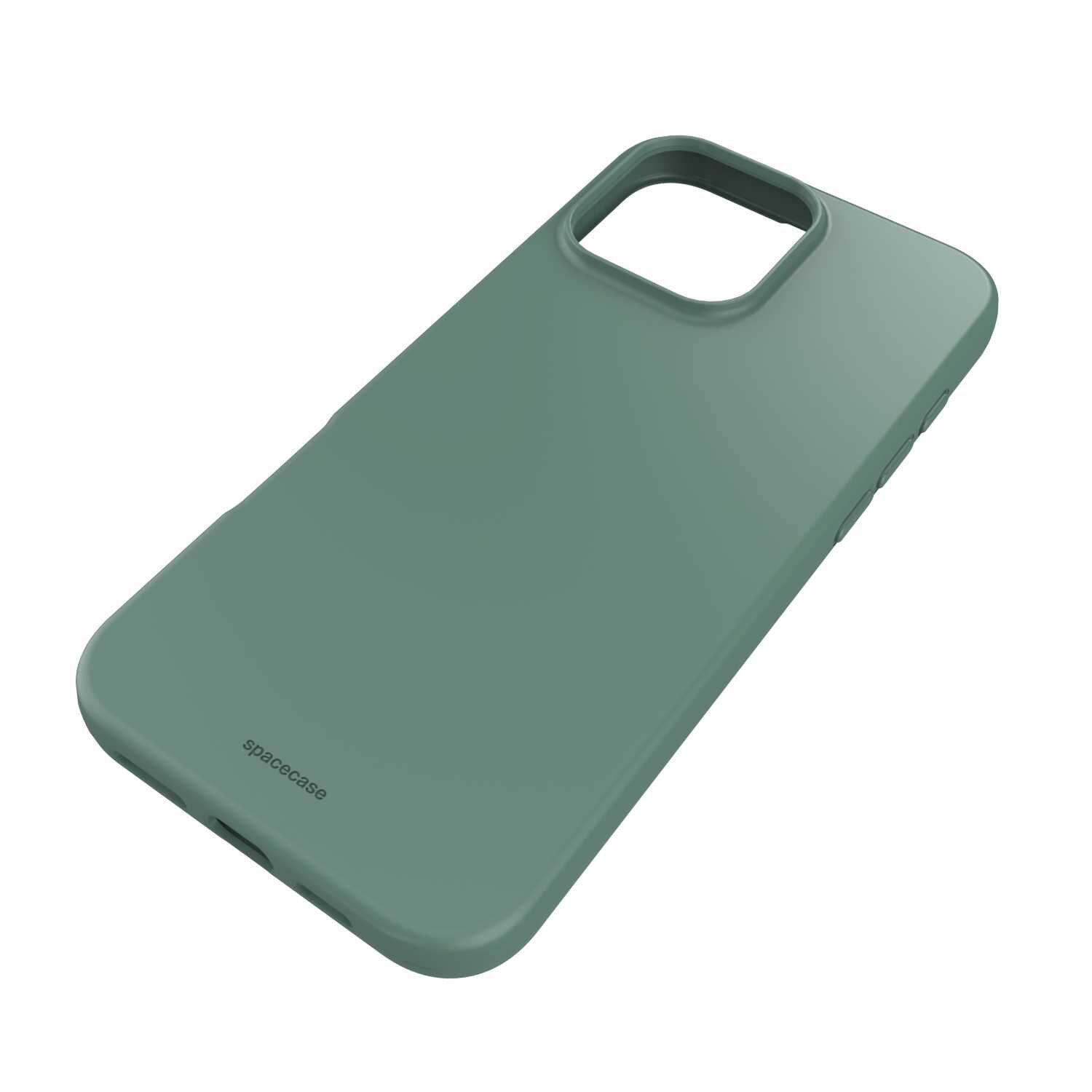 Zielone silikonowe etui z wycięciem na aparat, z napisem \'spacecase\' na dole.