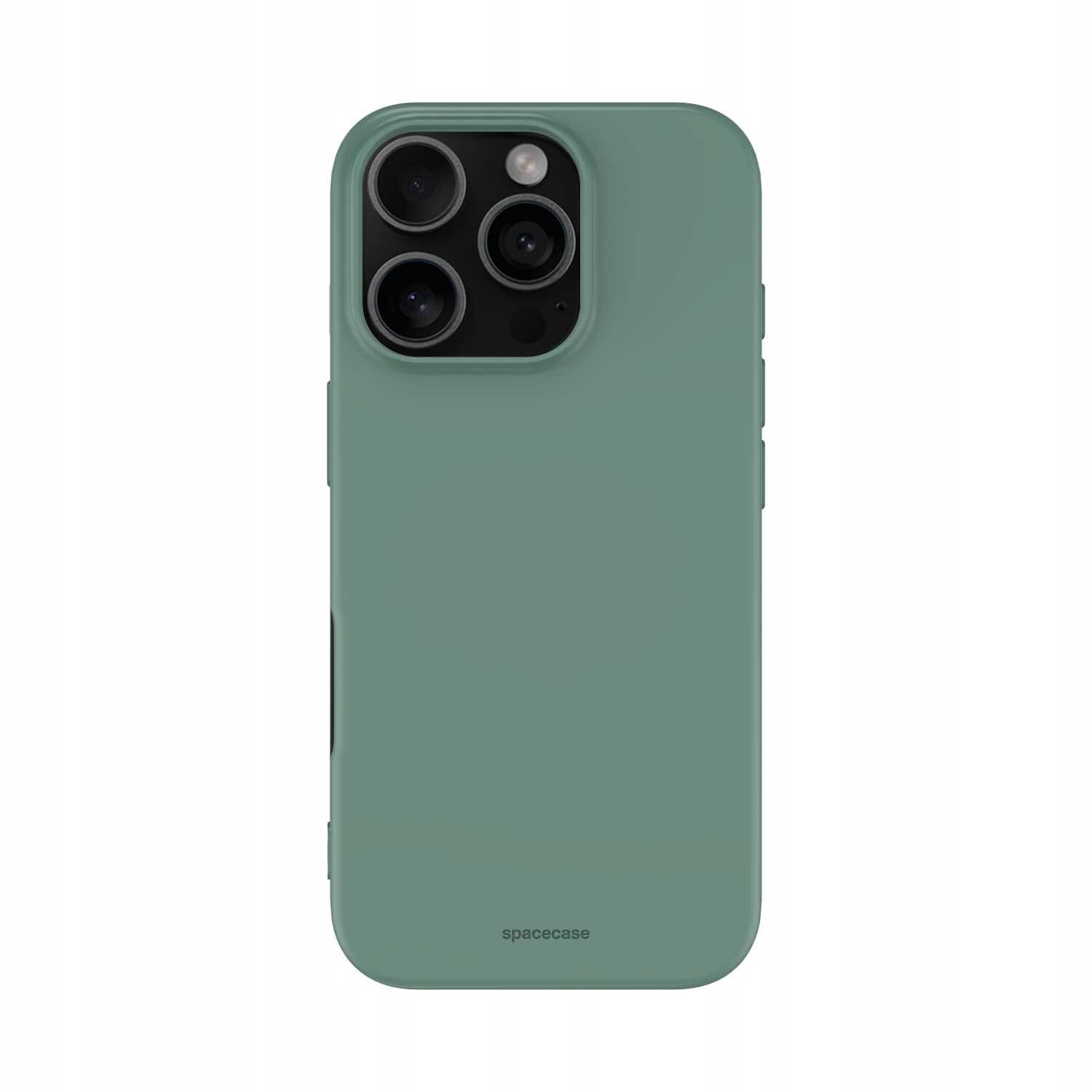 Zielone silikonowe etui na telefon z trzema widocznymi obiektywami aparatu. Na dole etui znajduje się napis \'spacecase\'.