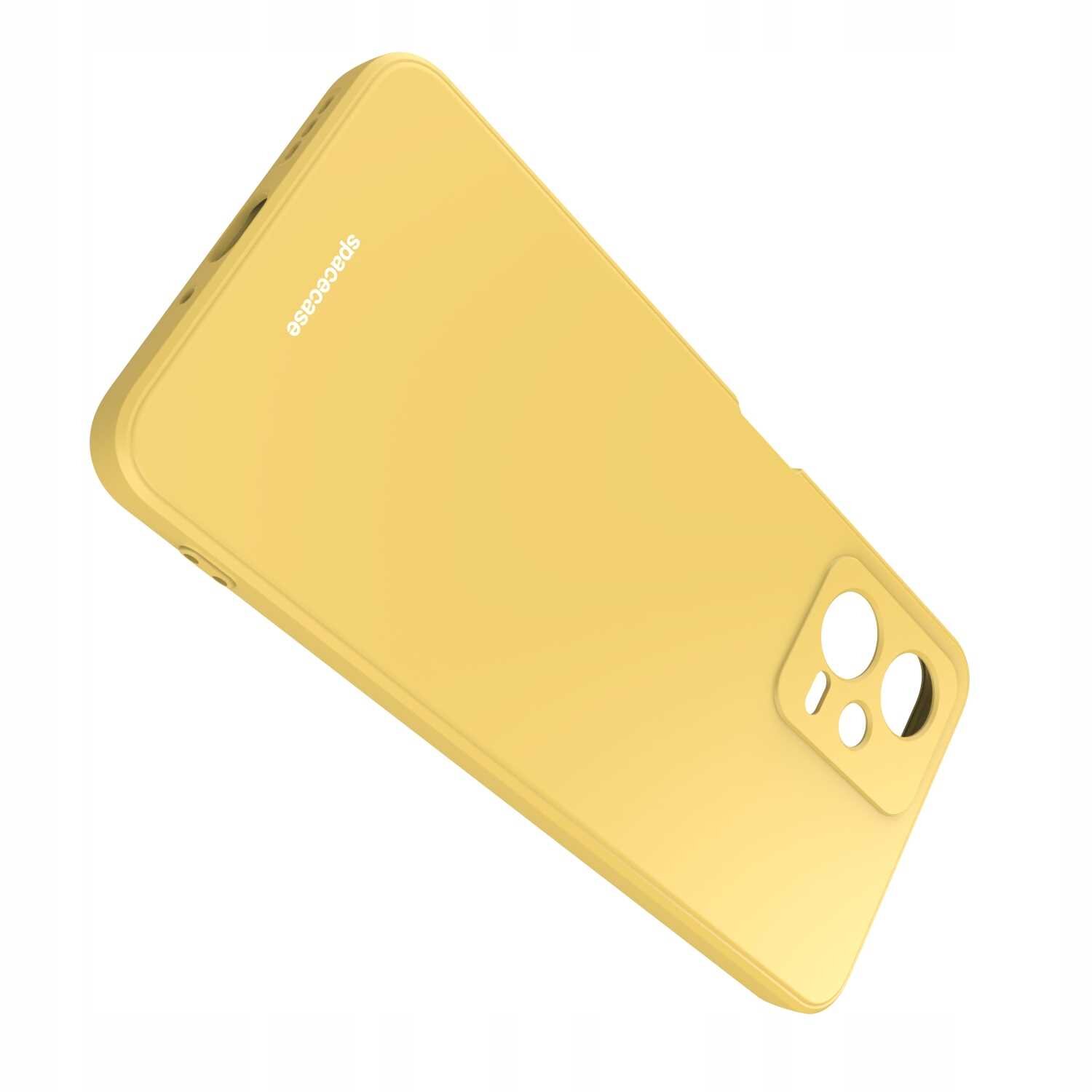 Żółte silikonowe etui z wycięciami na aparat i logo \'spacecase\' na powierzchni. Etui jest przeznaczone do telefonu z kilkoma otworami na tylnej stronie.