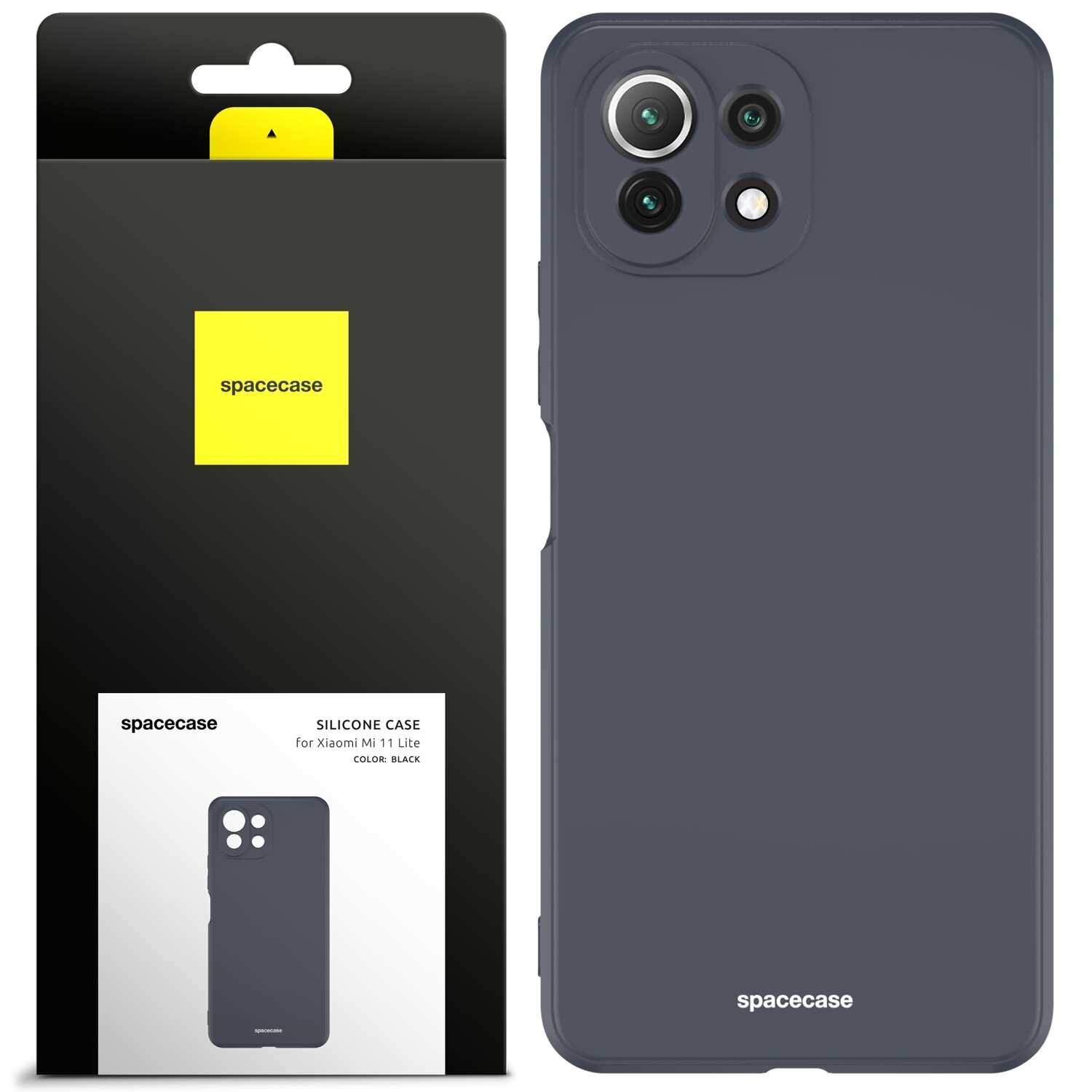 Obraz przedstawia czarne silikonowe etui na telefon z trzema otworami na aparaty. Obok znajduje się opakowanie z logo \'spacecase\' i napisem \'SILICONE CASE for Xiaomi Mi 11 Lite COLOR: BLACK\'.