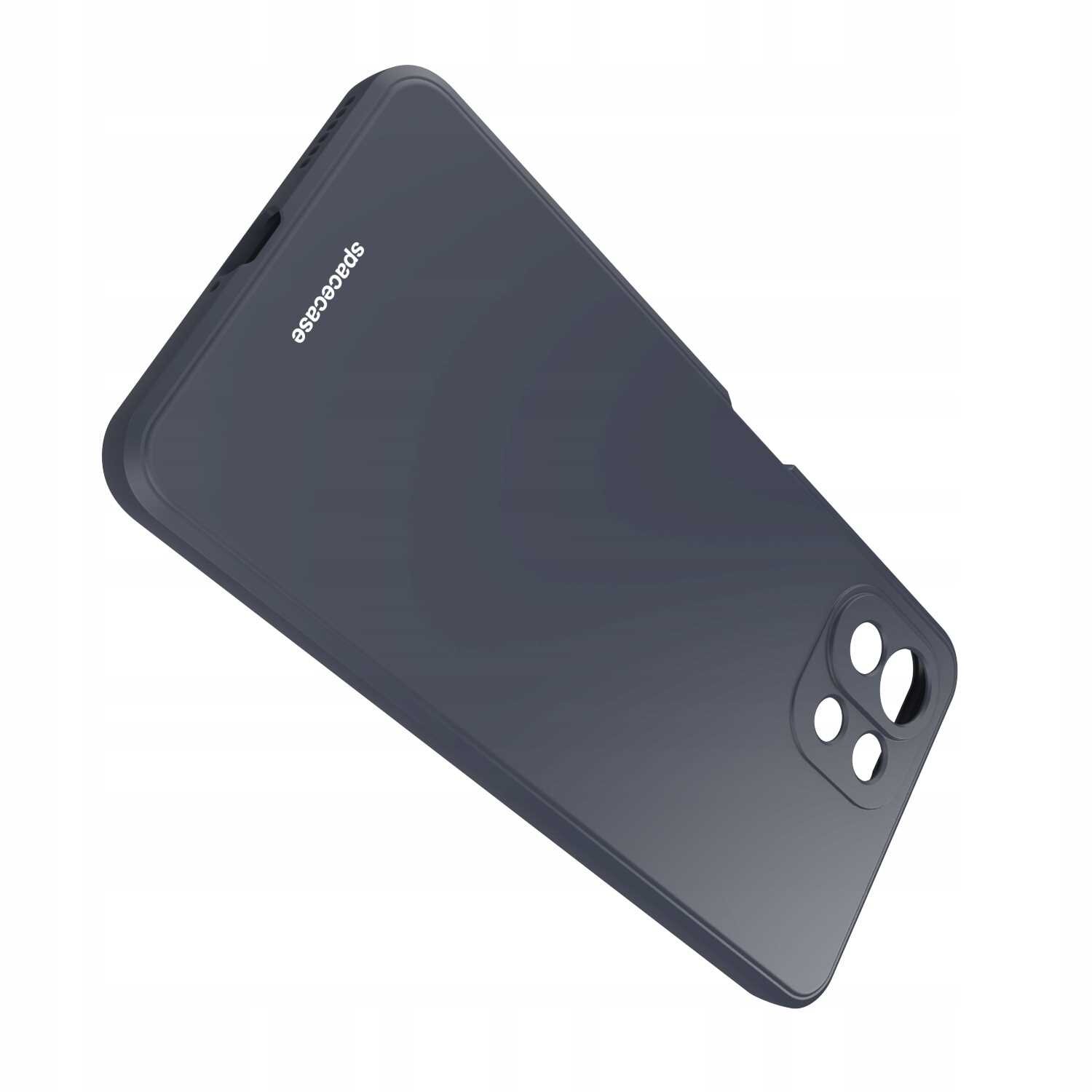 Czarne silikonowe etui z wycięciami na aparat i logo \'SPACECASE\' na powierzchni. Etui jest przeznaczone do telefonu Xiaomi Mi 11 Lite.