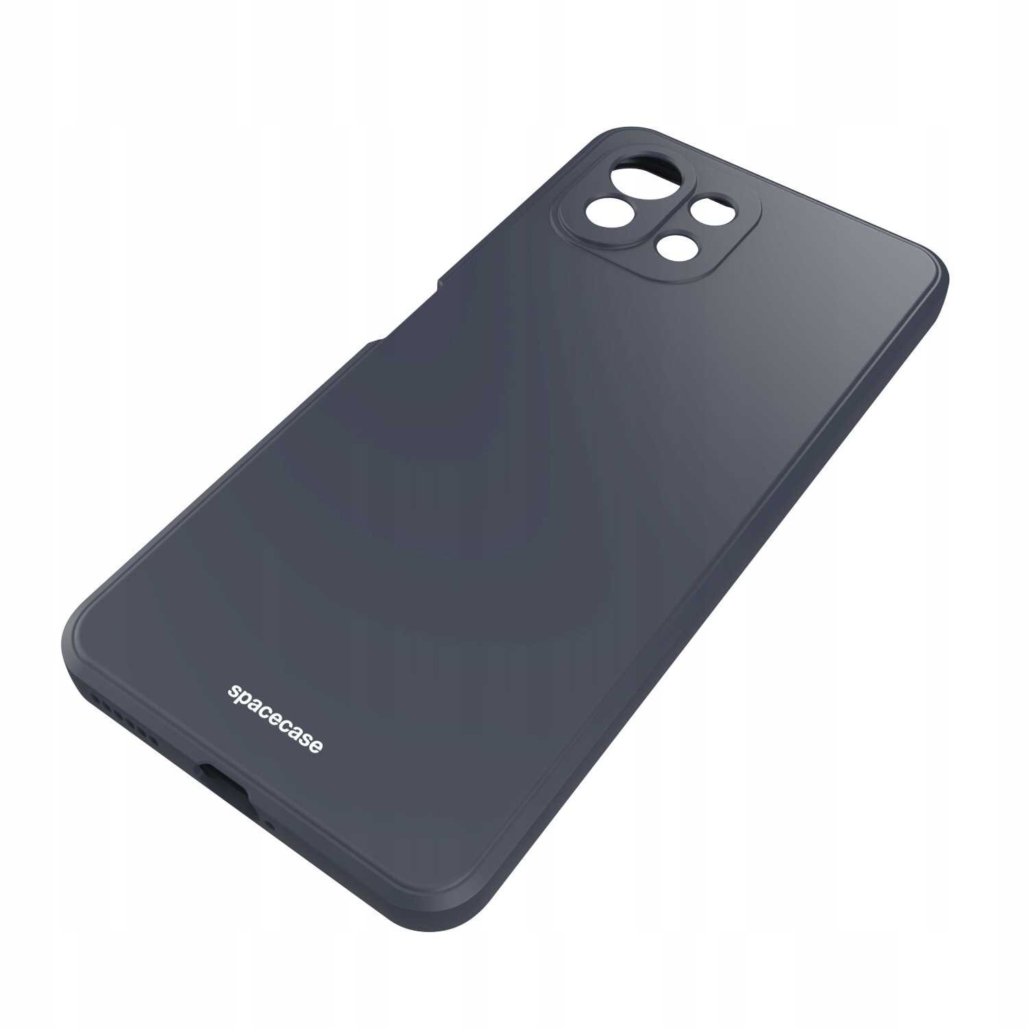 Czarne silikonowe etui z wycięciami na aparat i logo \'spacecase\' na dole. Etui jest przeznaczone do telefonu Xiaomi Mi 11 Lite.