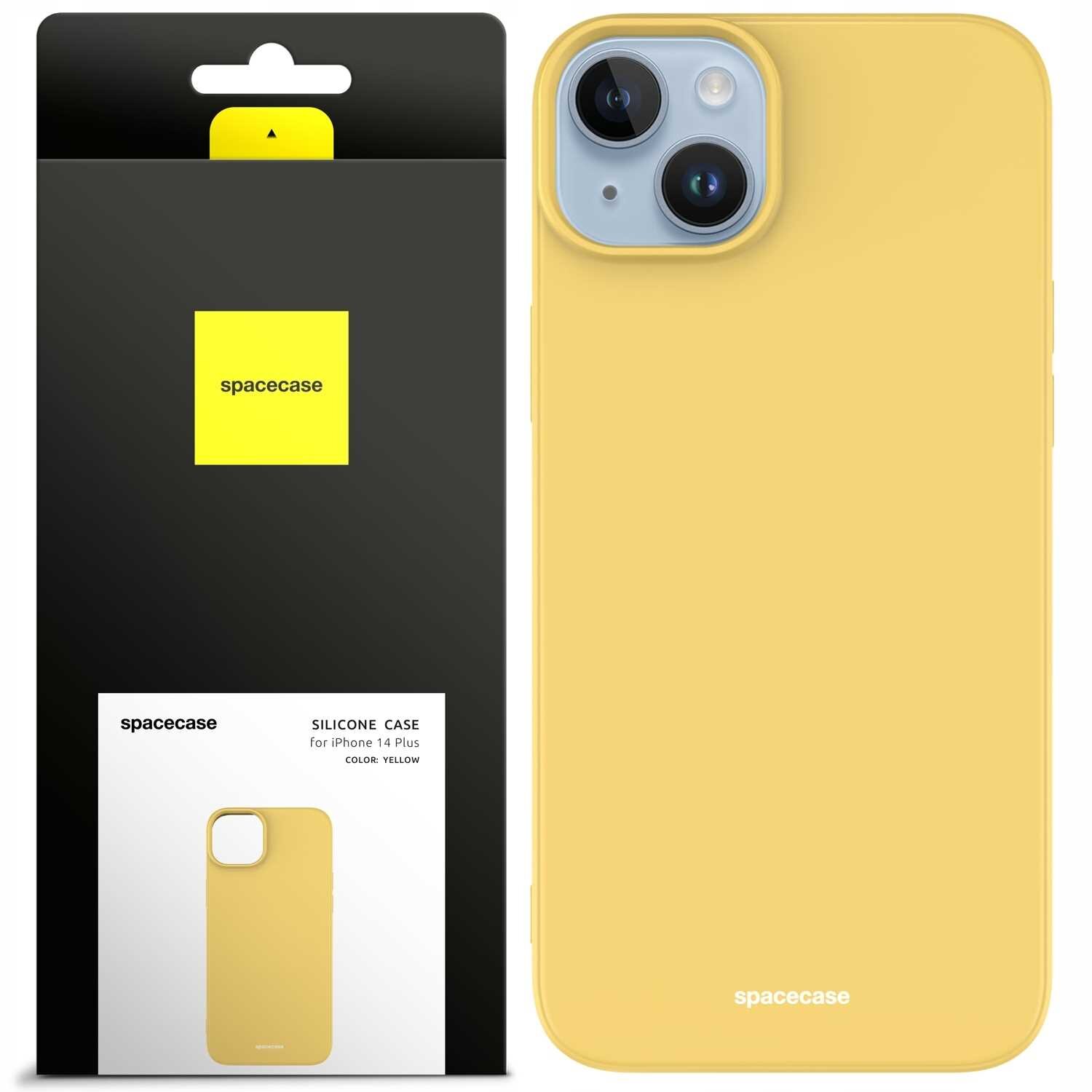 Żółte silikonowe etui na telefon z widocznym logo \'spacecase\'. Obok znajduje się opakowanie z napisem \'SILICONE CASE for iPhone 14 Plus COLOR: YELLOW\'.