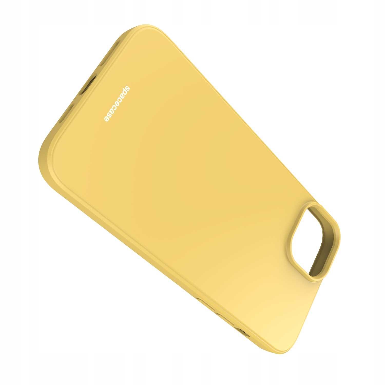 Żółte silikonowe etui z wycięciem na aparat, z widocznym logo \'spacecase\'.