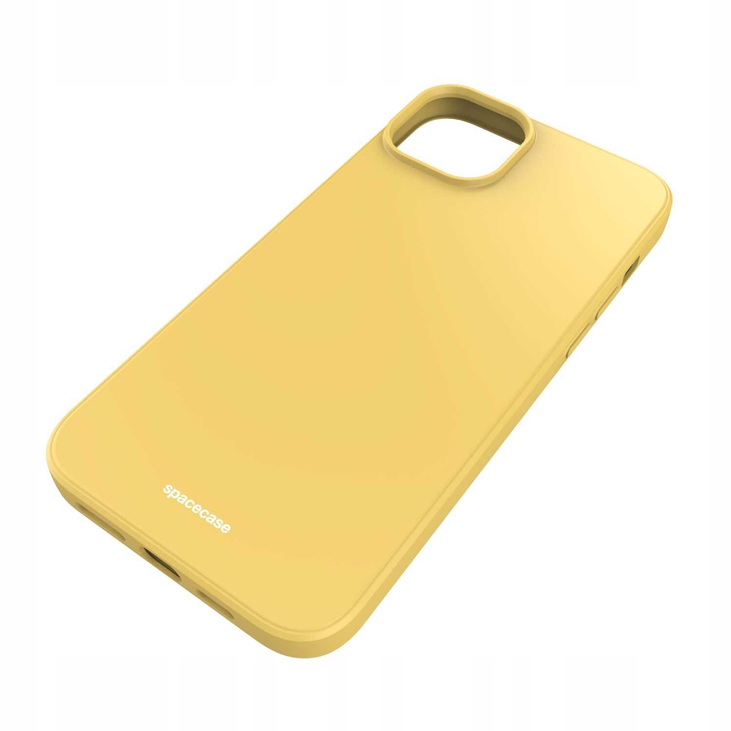 Żółte silikonowe etui na telefon z wycięciem na aparat i napisem \'spacecase\' na dole.