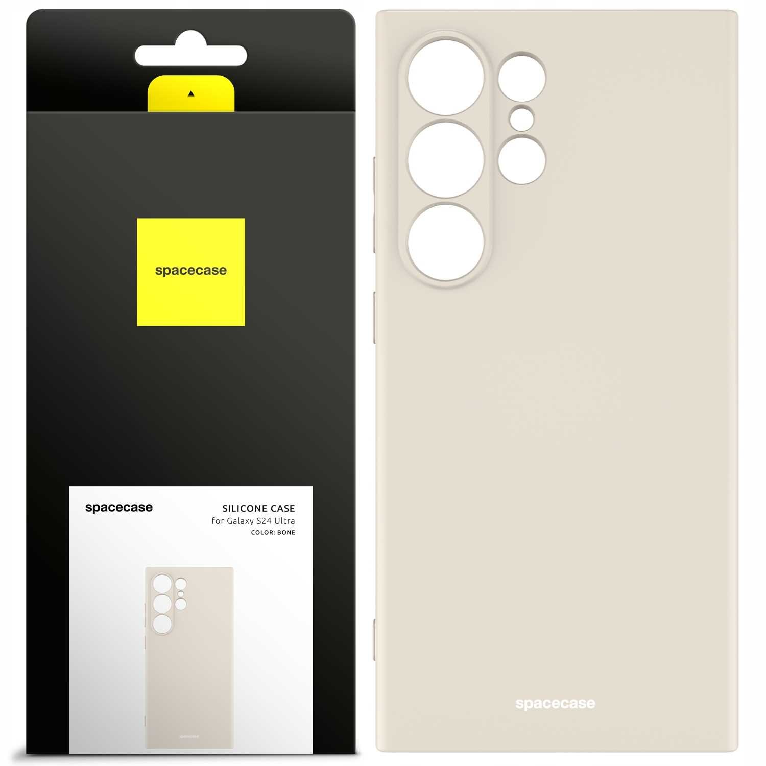 Obraz przedstawia beżowe silikonowe etui z wycięciami na aparat, obok opakowania z logo \'spacecase\'. Na opakowaniu widnieje napis \'SILICONE CASE for Galaxy S24 Ultra COLOR: BONE\'.
