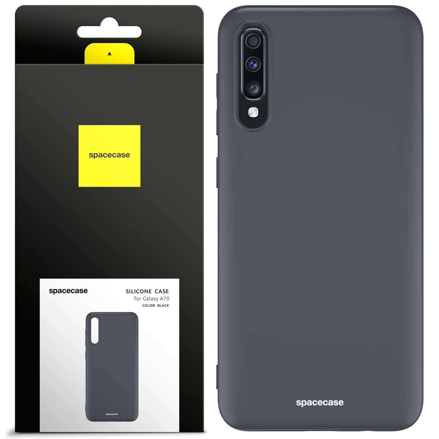 Obraz przedstawia czarne silikonowe etui na telefon z trzema wycięciami na aparat. Opakowanie produktu ma czarną i żółtą kolorystykę z logo \'spacecase\'.