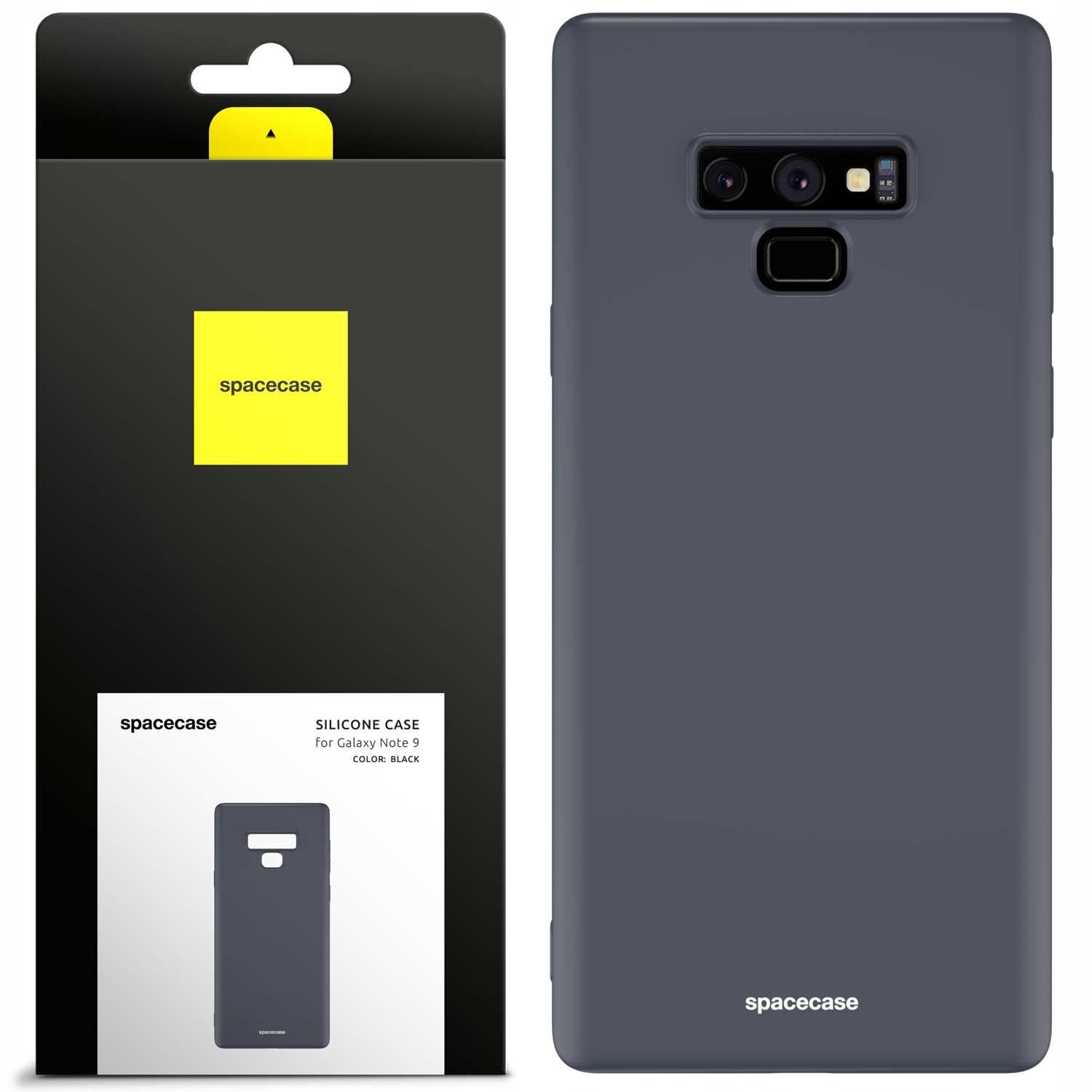 Obraz przedstawia czarne silikonowe etui na telefon Galaxy Note 9 oraz jego opakowanie. Na opakowaniu widnieje logo \'spacecase\' oraz napis \'SILICONE CASE for Galaxy Note 9 COLOR: BLACK\'.