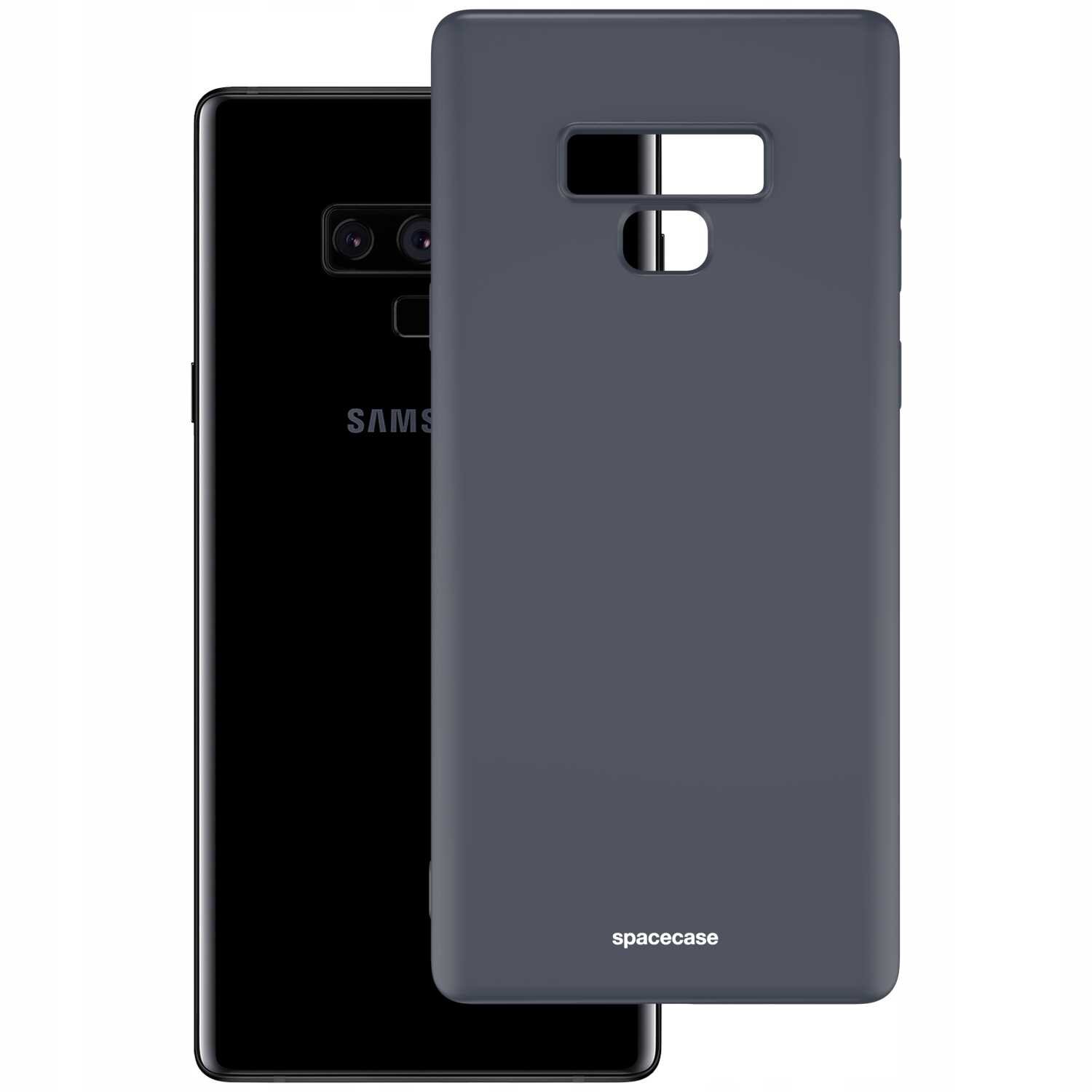 Na obrazie widoczne jest czarne silikonowe etui z napisem \'spacecase\', obok którego znajduje się smartfon z logo \'SAMSUNG\'.