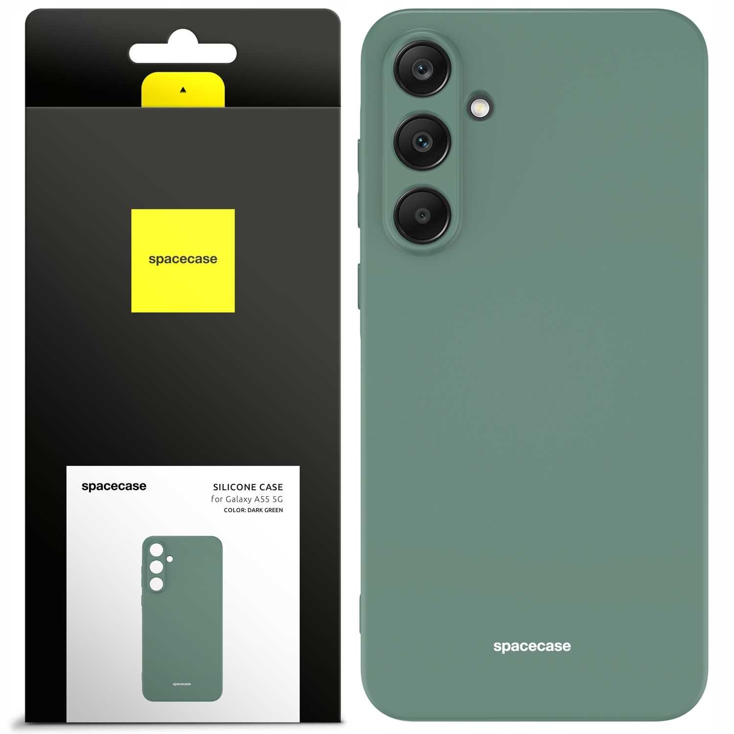 Zielone silikonowe etui na telefon z trzema otworami na aparaty. Opakowanie z logo \'spacecase\' i napisem \'SILICONE CASE for Galaxy A55 5G COLOR DARK GREEN\'.