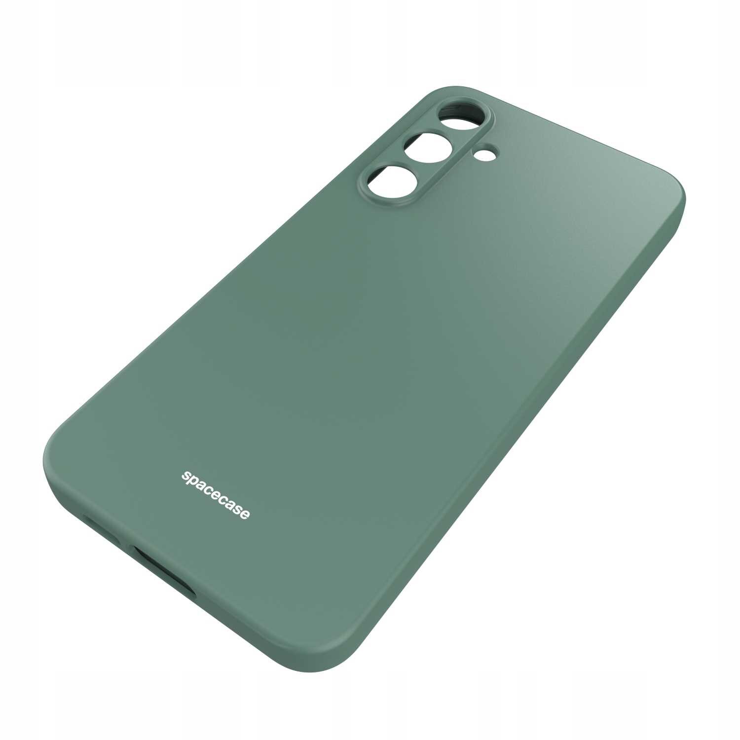 Zielone silikonowe etui z wycięciami na aparat i logo \'spacecase\' na dole.