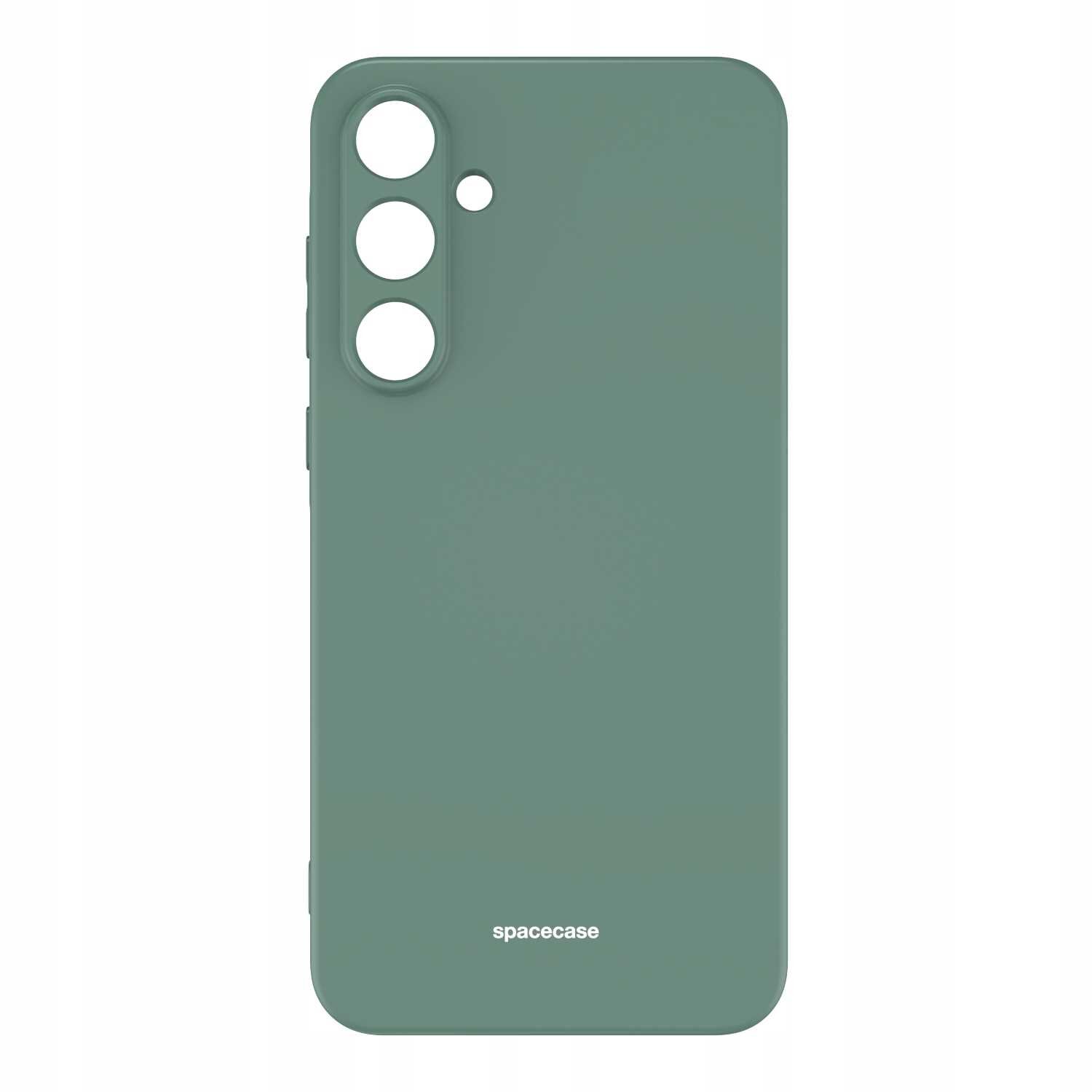 Zielone silikonowe etui z trzema otworami na aparat i pierścieniem na środku. Na dole widoczny jest napis \'spacecase\'.