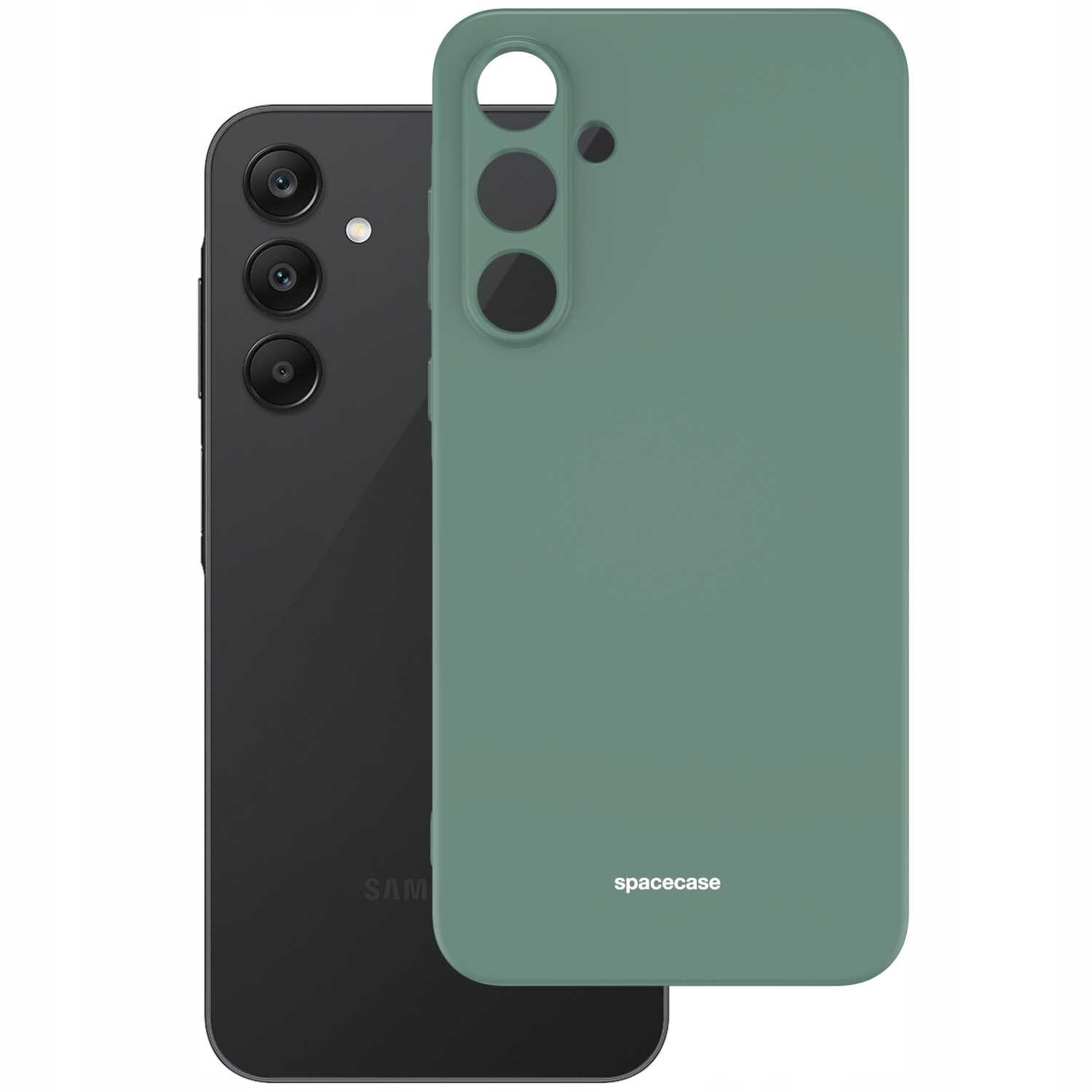 Zielone silikonowe etui SPACECASE z wycięciami na aparat i logo \'spacecase\'.