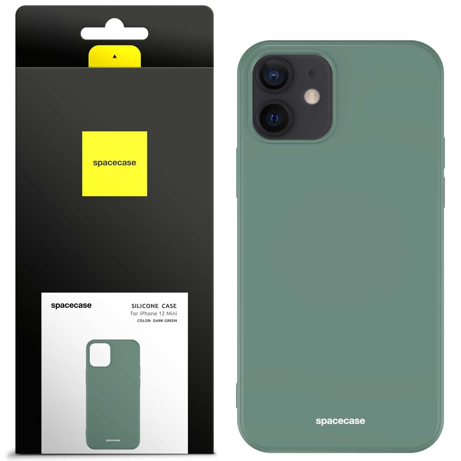 Zielone silikonowe etui na iPhone 12 Mini z logo \'spacecase\' na dole. Opakowanie jest czarne z żółtym prostokątem i napisem \'spacecase\'.