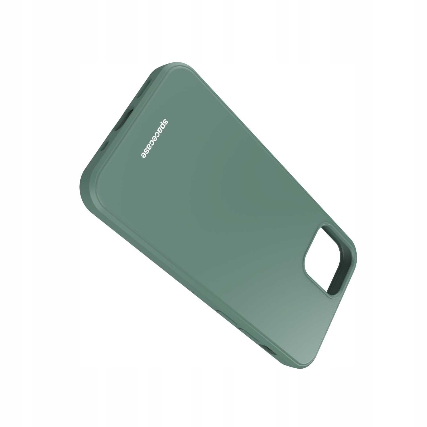 Zielone silikonowe etui z wycięciem na aparat i logo \'SPACECASE\' na powierzchni.