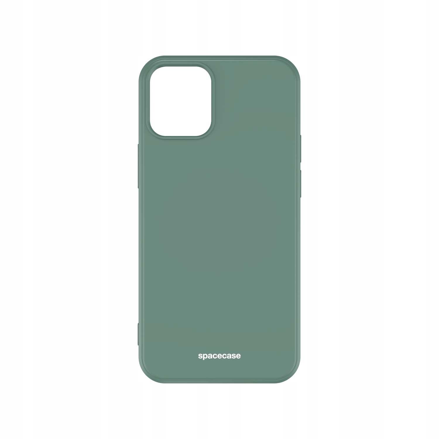 Zielone silikonowe etui na telefon z wycięciem na aparat i napisem \'spacecase\' na dole.