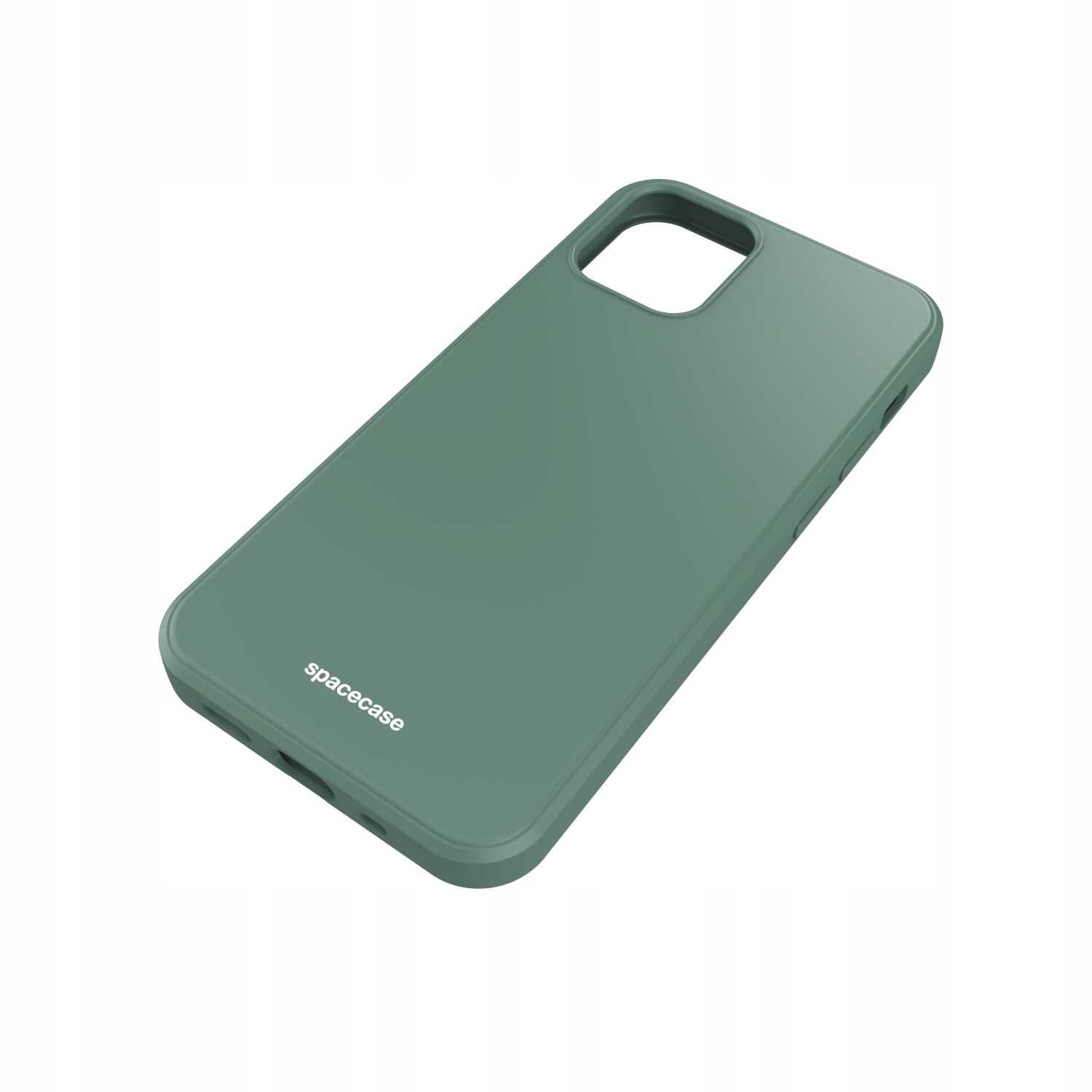 Zielone silikonowe etui na telefon z wycięciem na aparat i napisem \'spacecase\'.