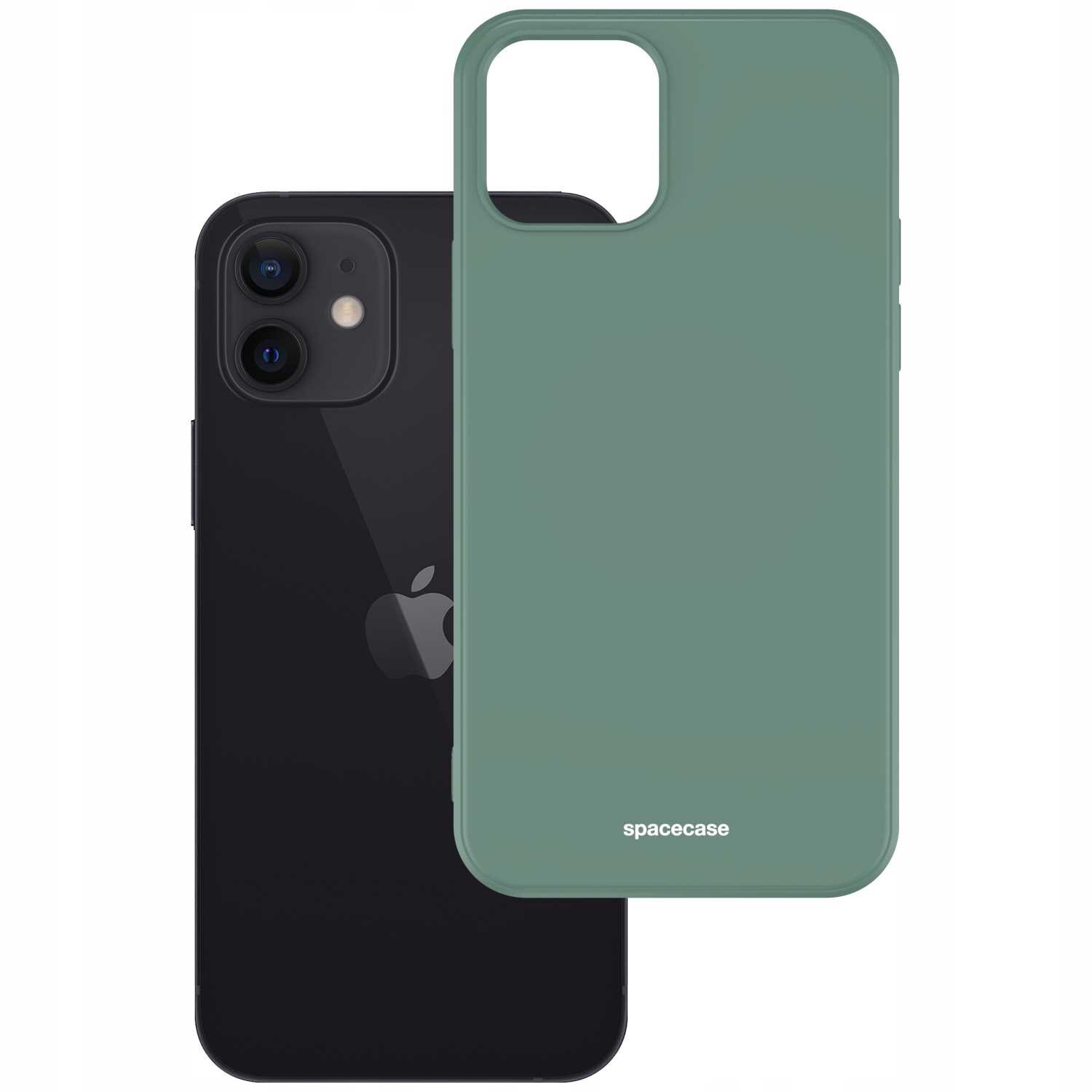 Na obrazie widoczne jest zielone silikonowe etui marki spacecase, przeznaczone do iPhone 12/12 Pro. Obok etui znajduje się czarny telefon z logo jabłka.