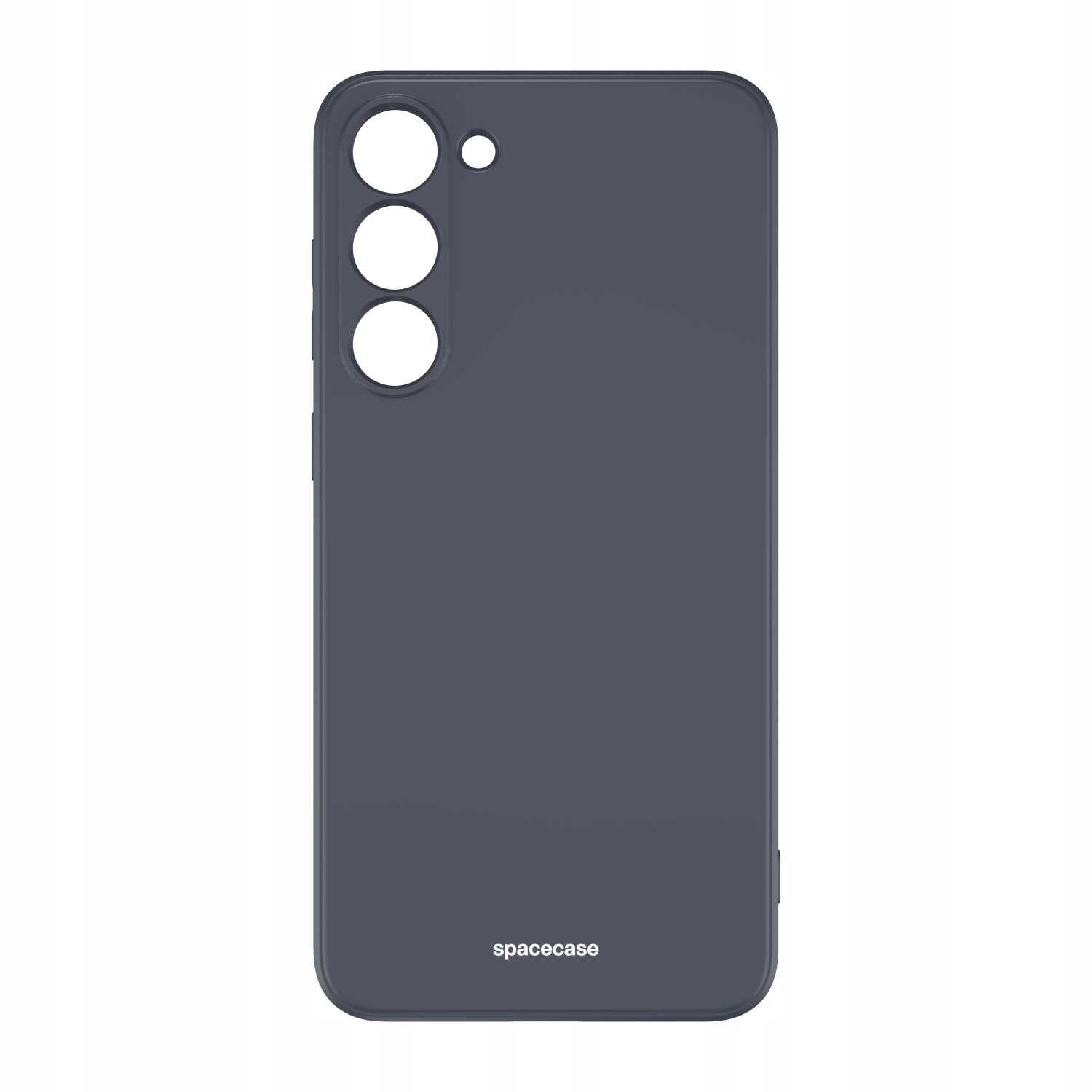 Czarne silikonowe etui z trzema otworami na aparaty i jednym mniejszym otworem. Na dole widoczny jest napis \'spacecase\'.
