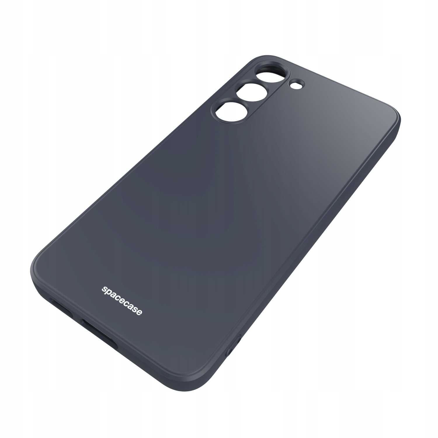 Czarne silikonowe etui z trzema otworami na aparaty i jednym mniejszym otworem. Na dole widoczny jest napis \'spacecase\'.